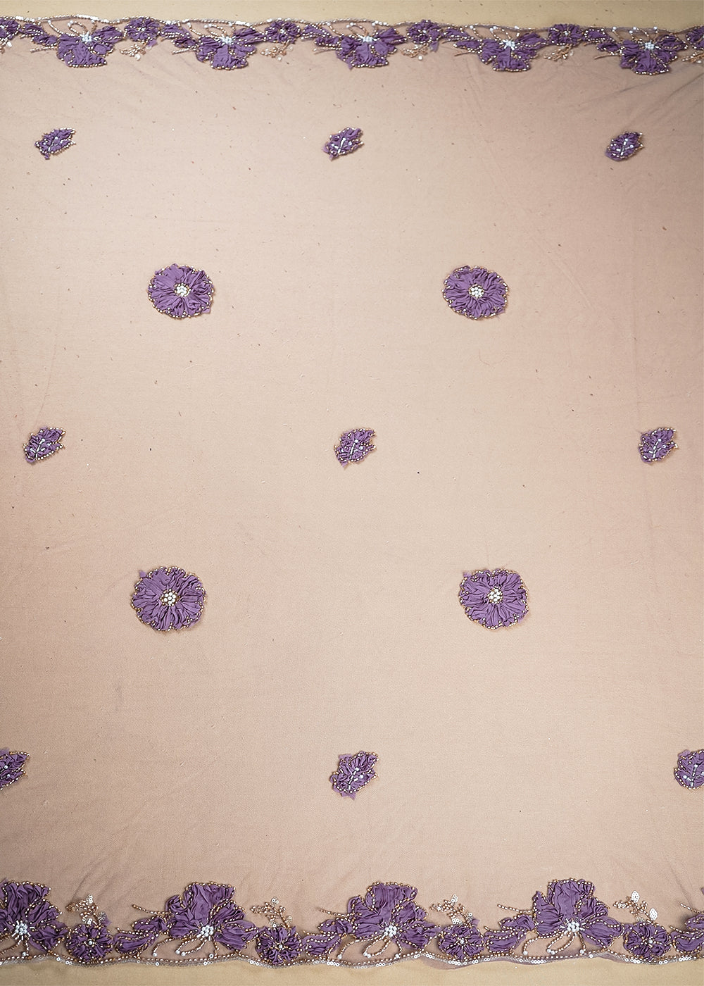 Purple Net Dupatta Fabric With All Over Applique, Bead And Sequins Work With Two Side Border 19071