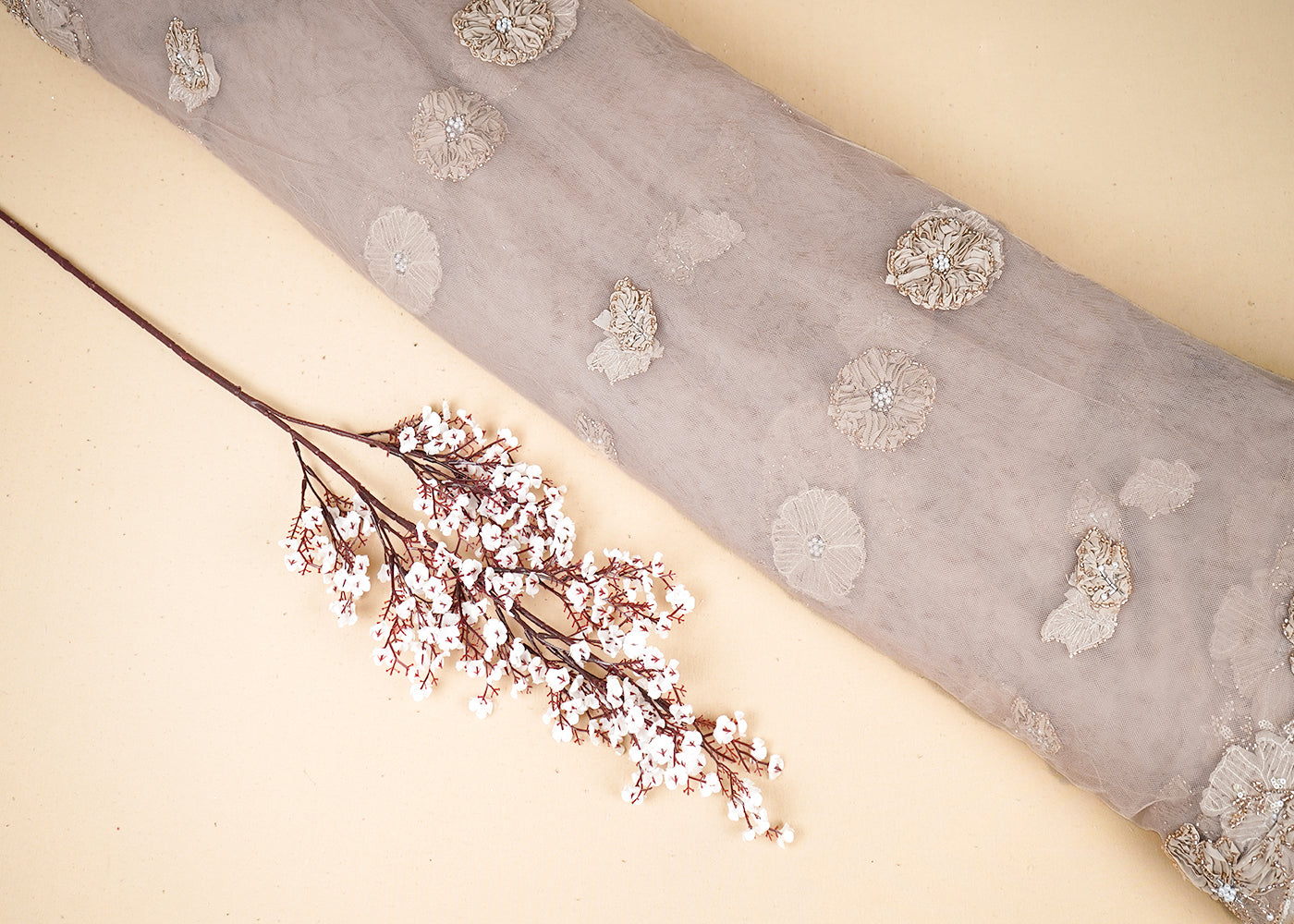 Chiku Net Dupatta Fabric With All Over Applique, Bead And Sequins Work With Two Side Border 19072