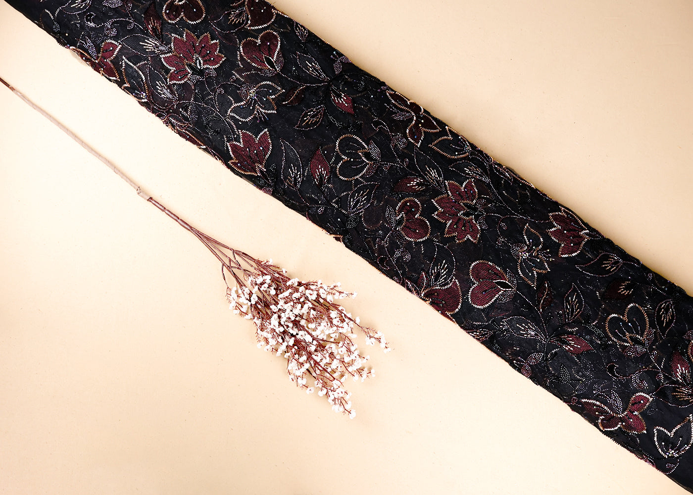 Black Imported Net Fabric With All Over Thread, Bead And Katdana Work 19073