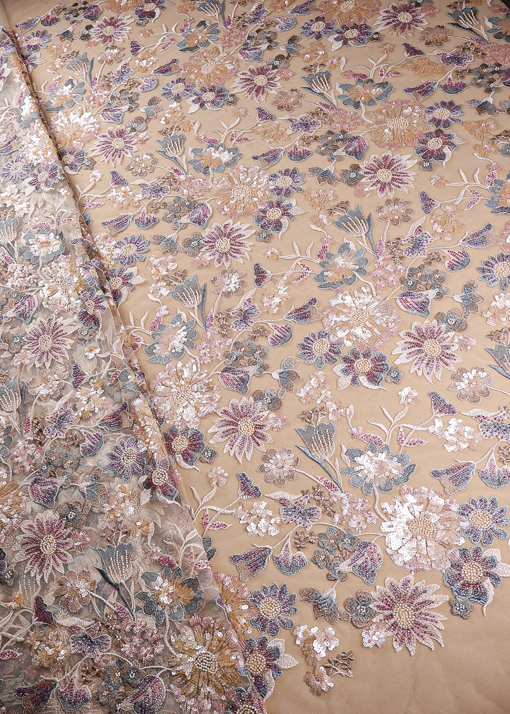 Cream Imported Net Fabric With All Over Sequins And Bead Work 19076