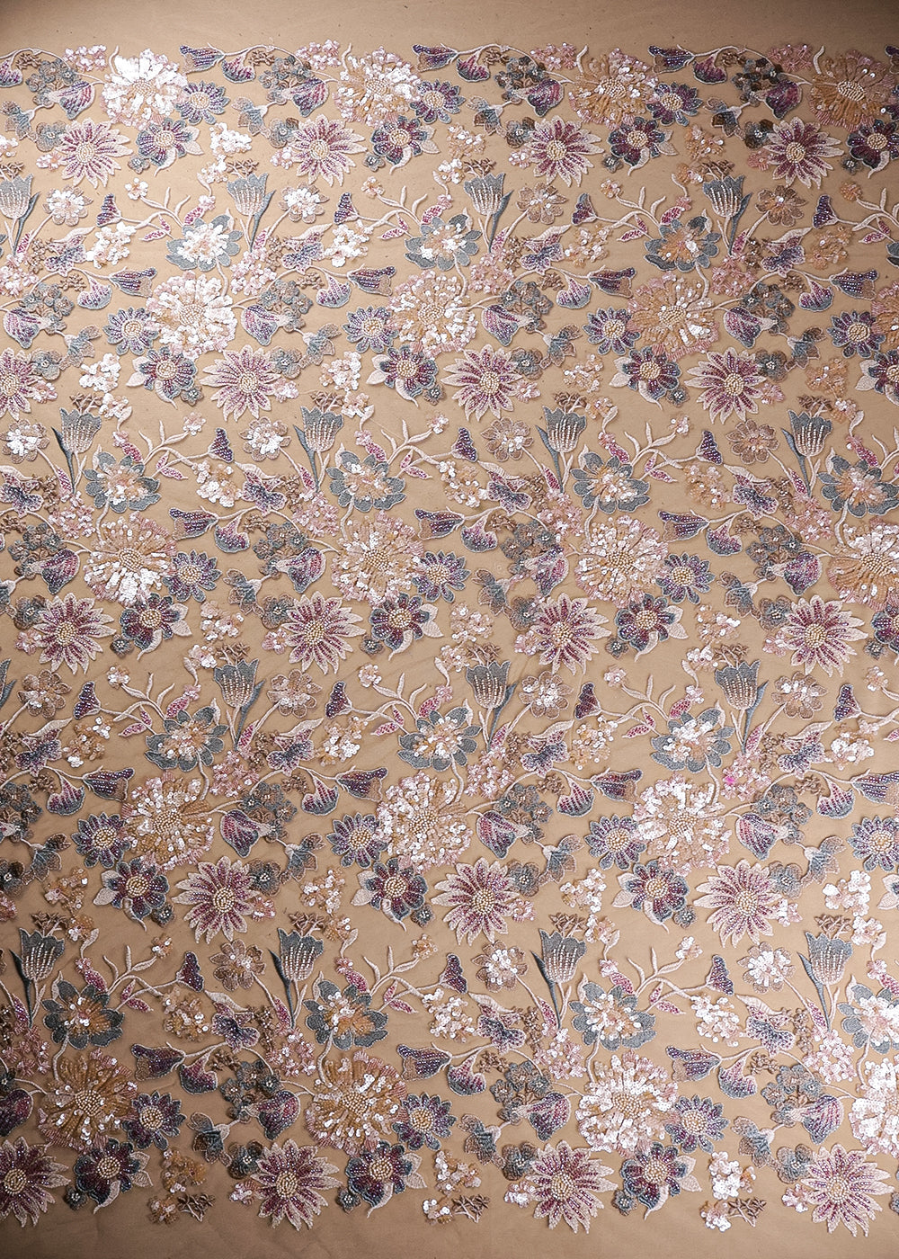 Cream Imported Net Fabric With All Over Sequins And Bead Work 19076