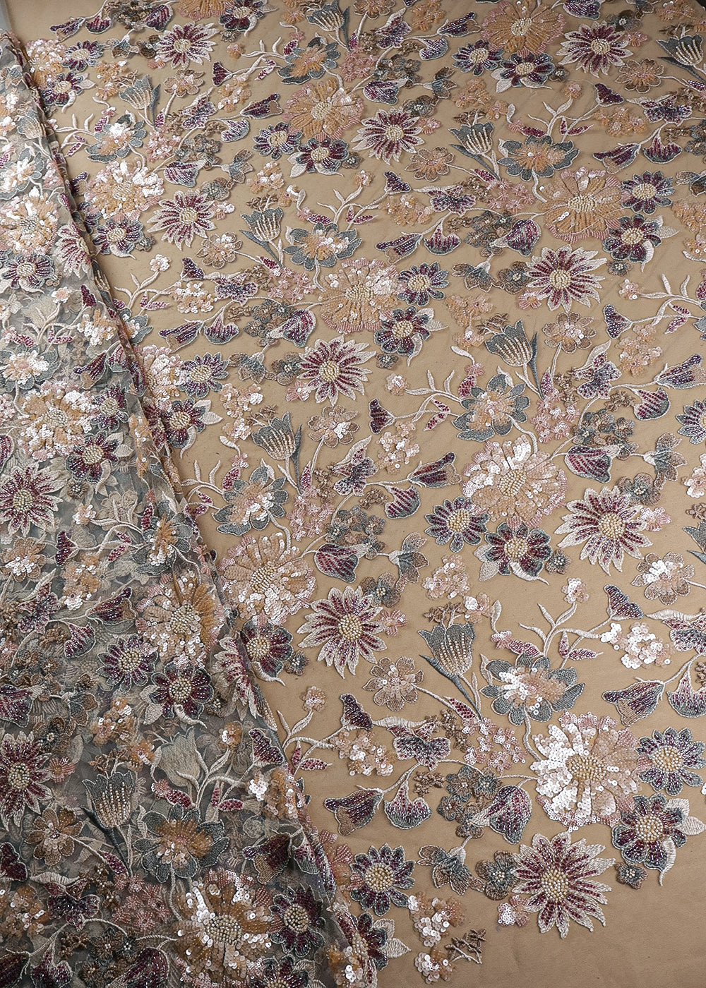 Sea Green Imported Net Fabric With All Over Sequins And Bead Work 19078