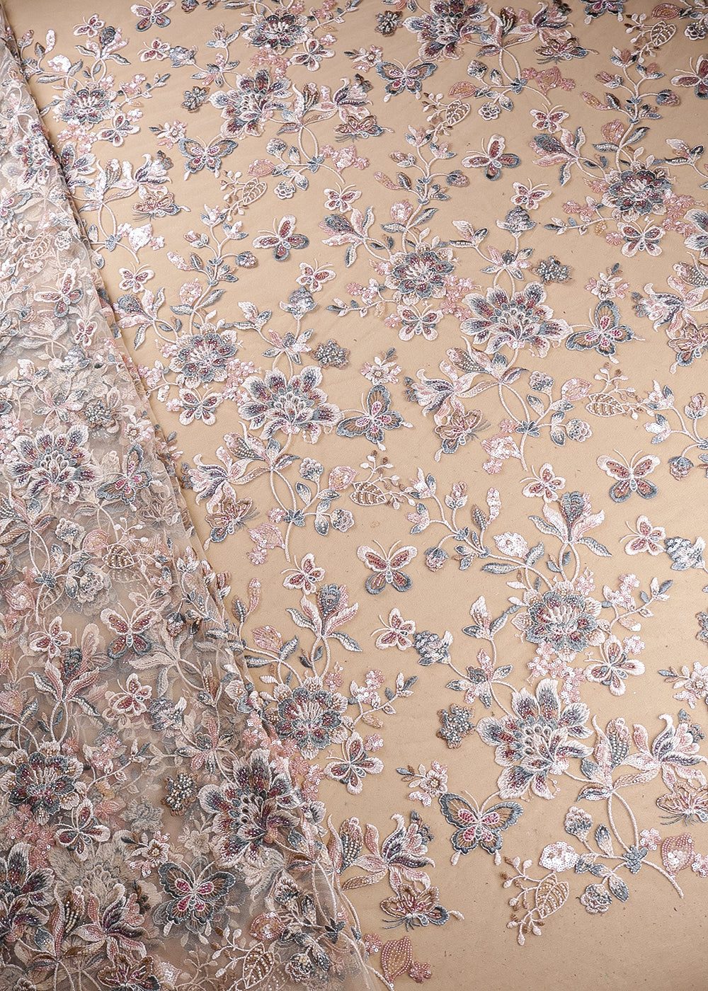 Cream Imported Net Fabric With All Over Sequins And Bead Work 19079