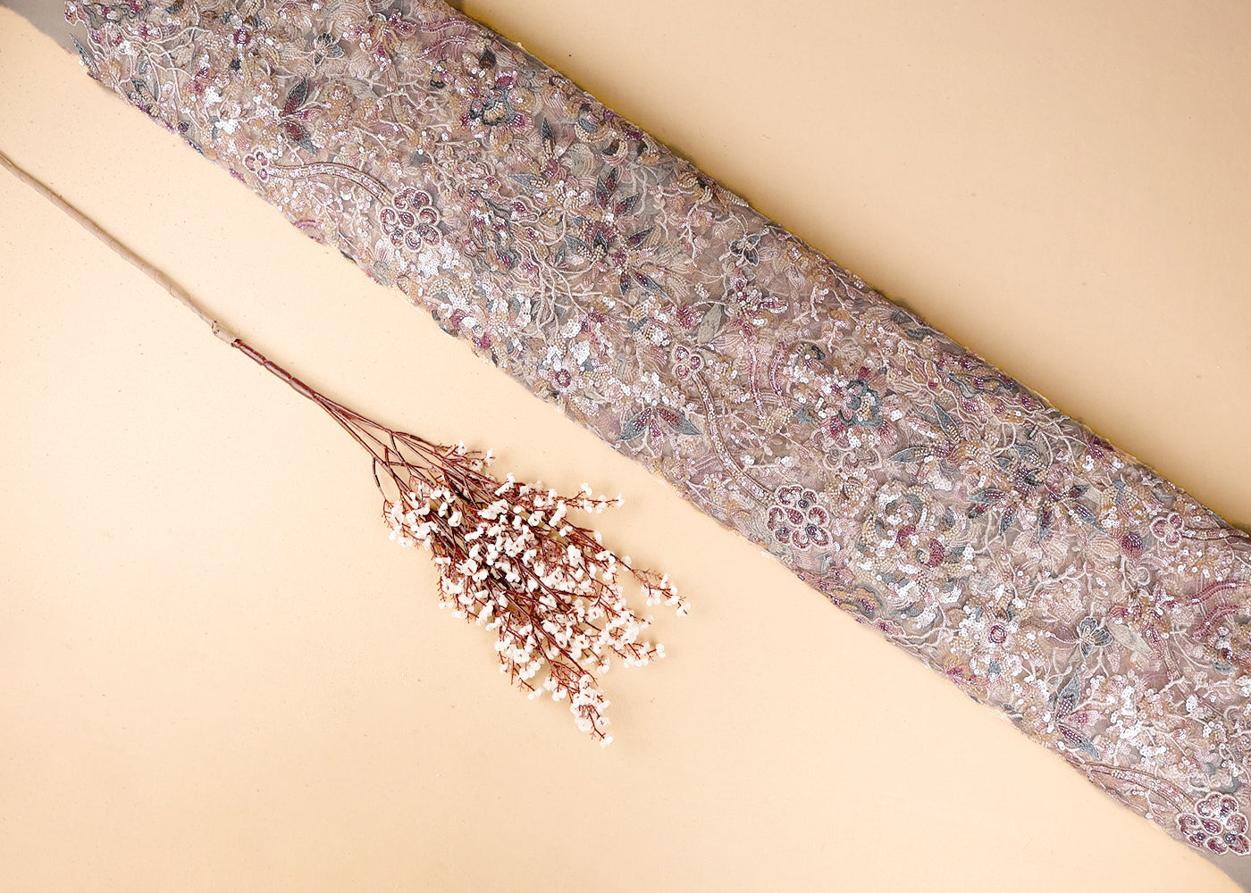 Beige Imported Net Fabric With All Over Sequins And Bead Work 19080