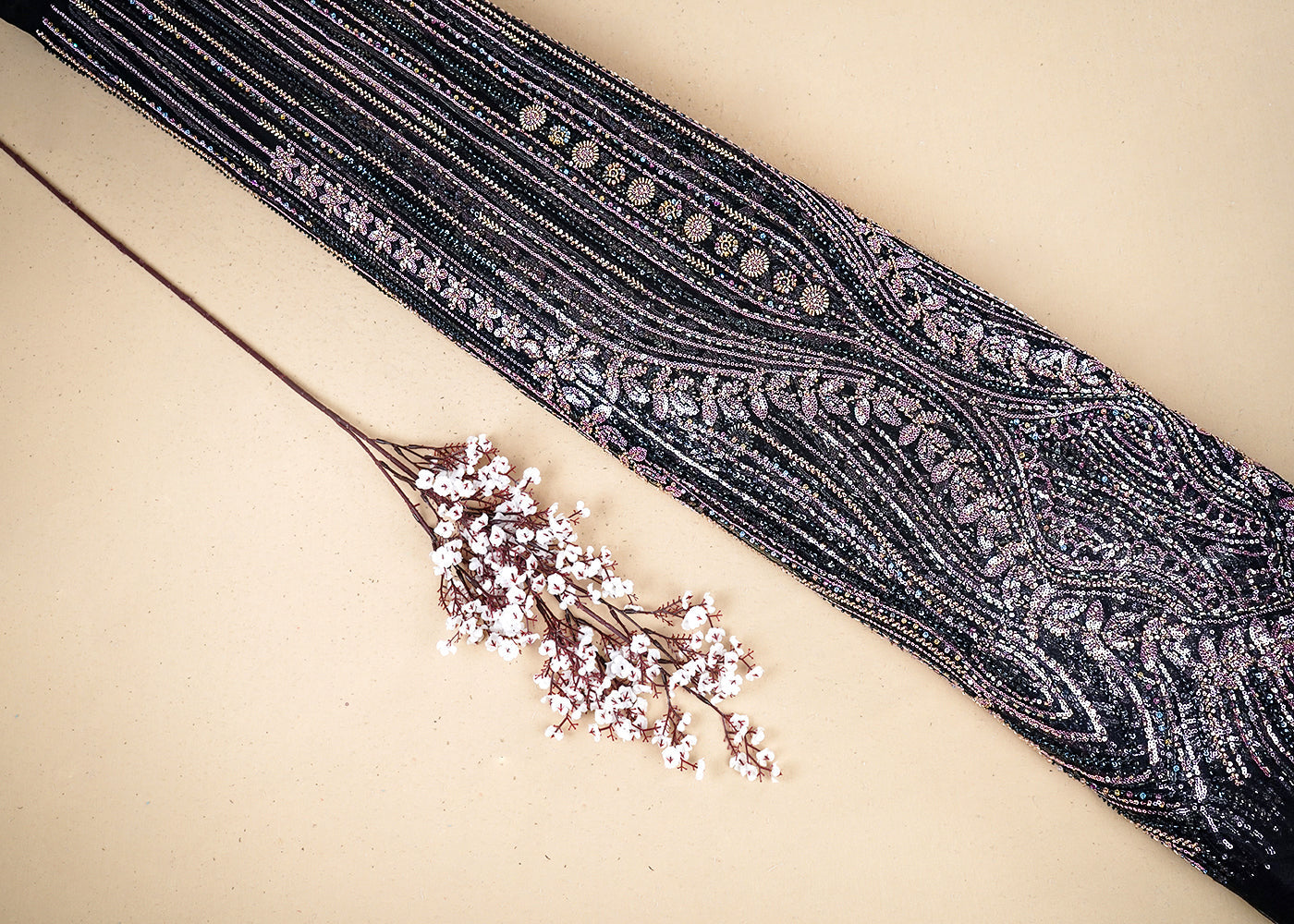 Black Imported Net Fabric With All Over Bead And Sequins Work 19083