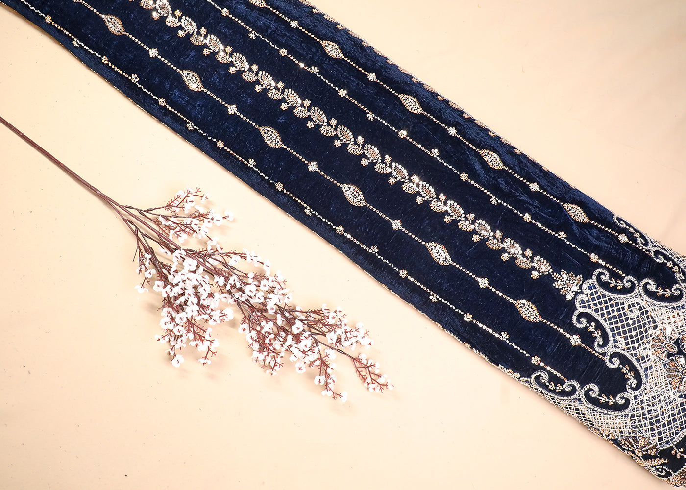 Navy Blue Velvet Fabric With All Over Katdana, Sequins And Zari Work With One Side Cutwork Border 19084