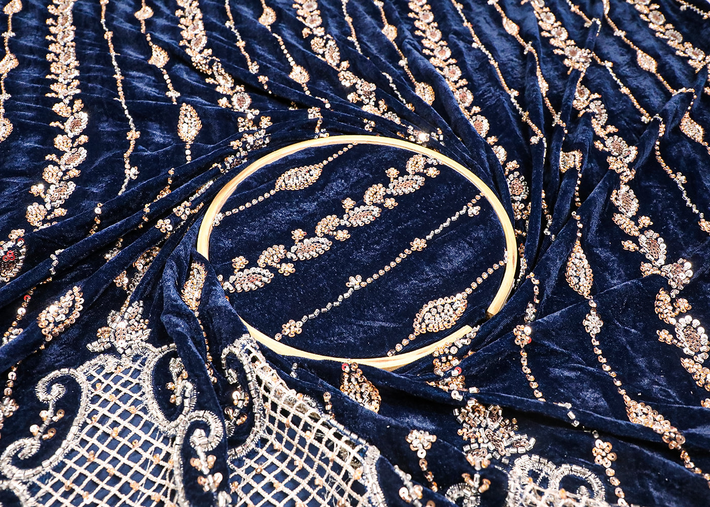 Navy Blue Velvet Fabric With All Over Katdana, Sequins And Zari Work With One Side Cutwork Border 19084