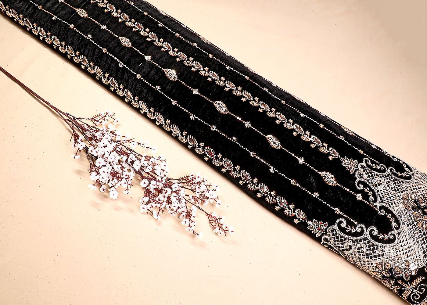 Black Velvet Fabric With All Over Katdana, Sequins And Zari Work With One Side Cutwork Border 19085