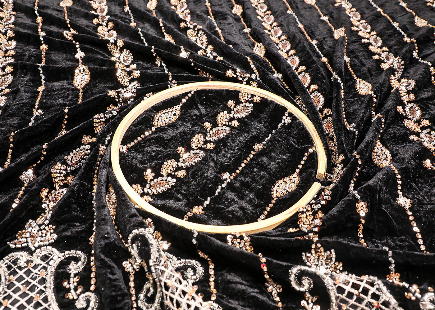 Black Velvet Fabric With All Over Katdana, Sequins And Zari Work With One Side Cutwork Border 19085