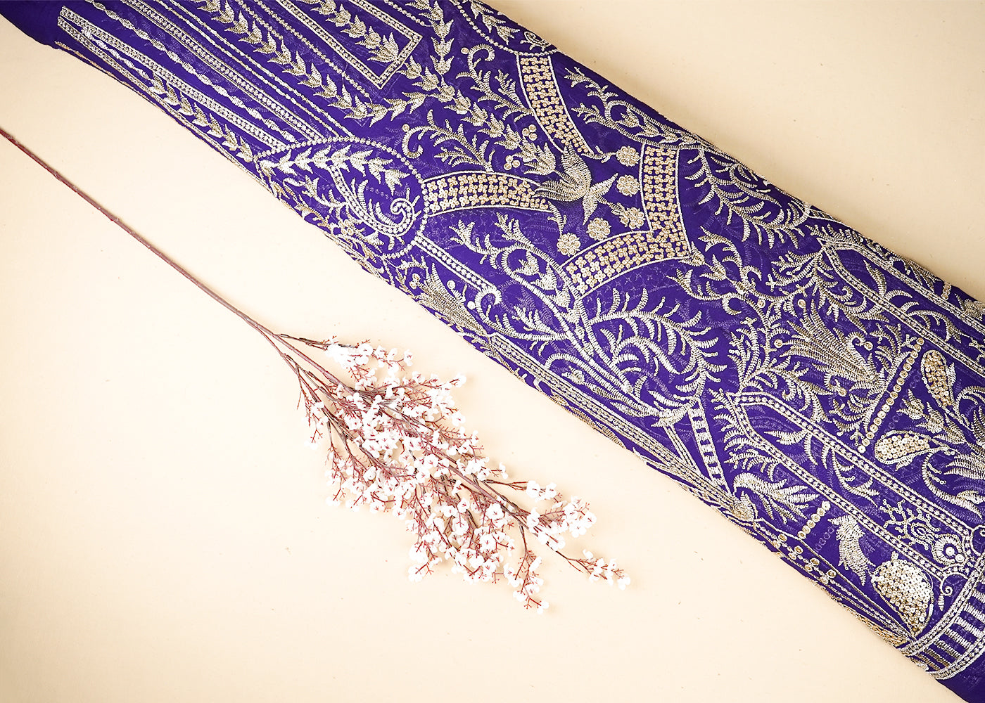 Purple Georgette Fabric With All Over Zari And Sequins Work With One Side Border 19087