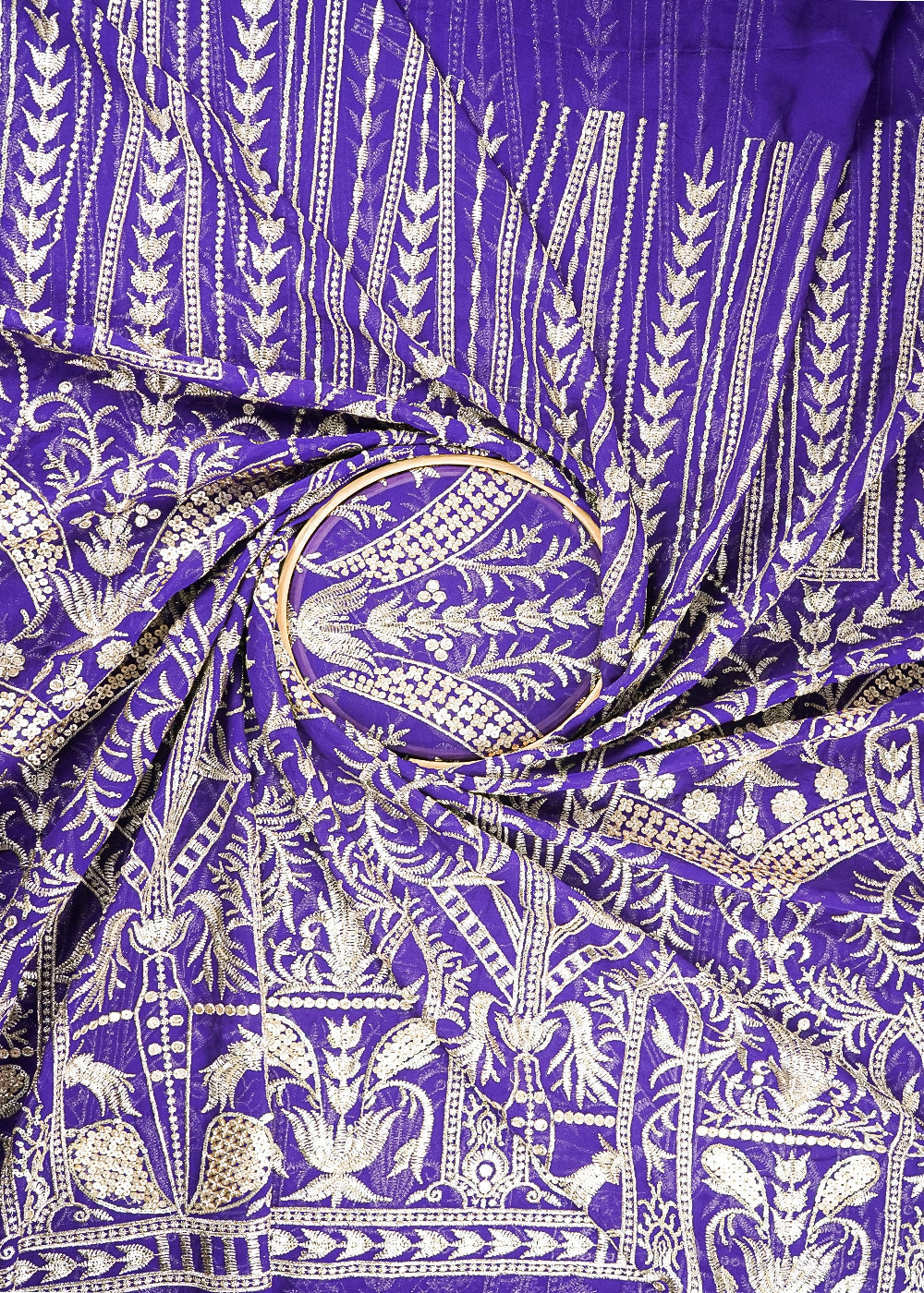 Purple Georgette Fabric With All Over Zari And Sequins Work With One Side Border 19087