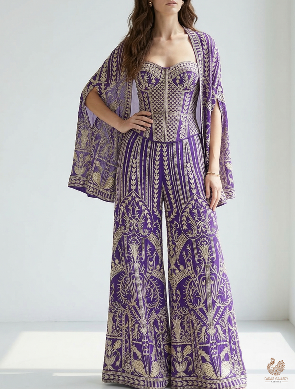 Purple Georgette Fabric With All Over Zari And Sequins Work With One Side Border 19087