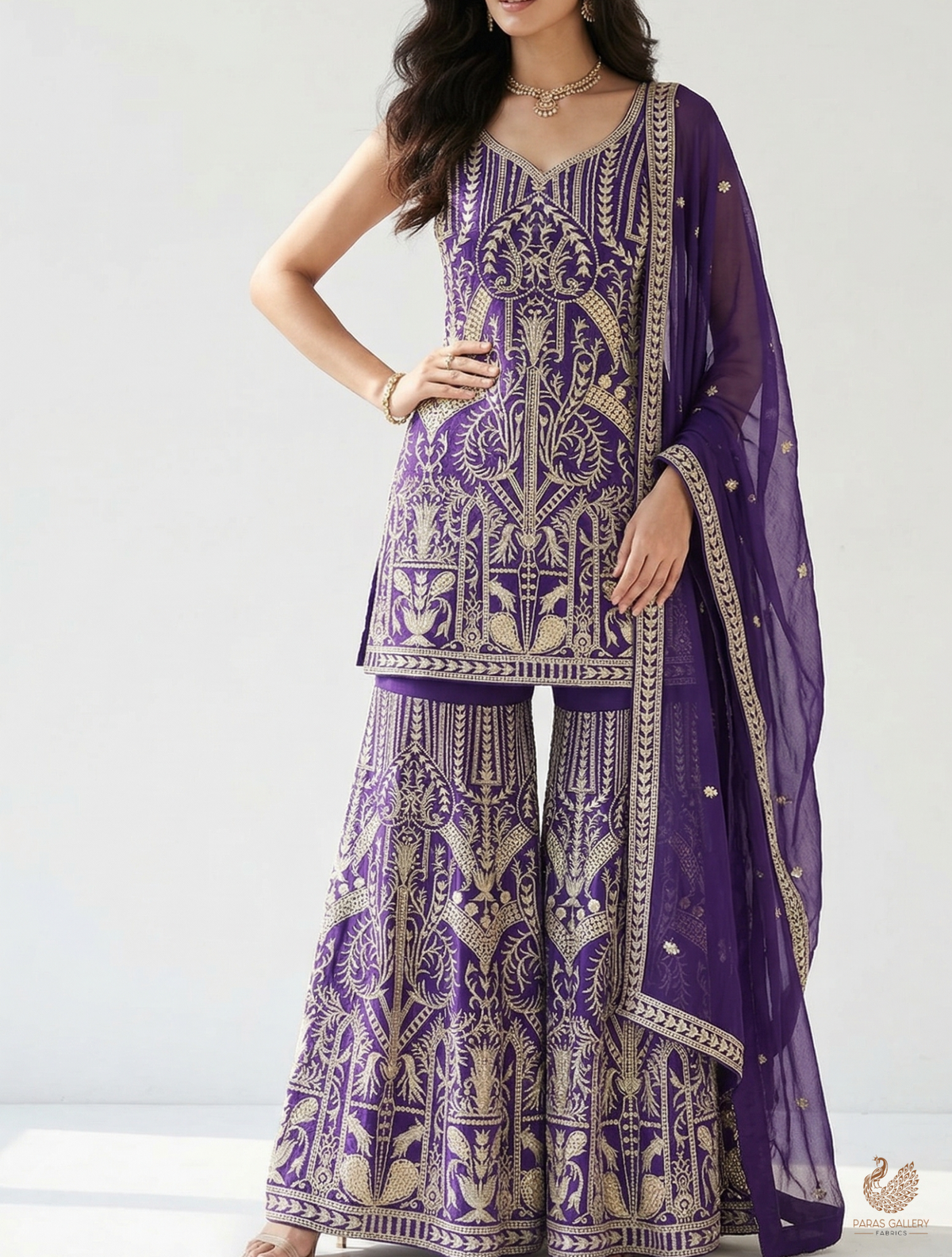 Purple Georgette Fabric With All Over Zari And Sequins Work With One Side Border 19087