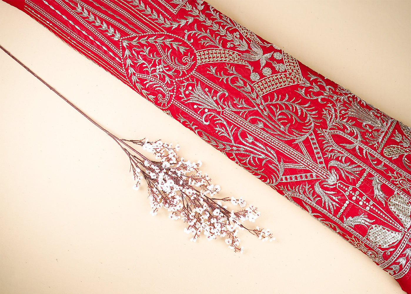 Red Georgette Fabric With All Over Zari And Sequins Work With One Side Border 19088