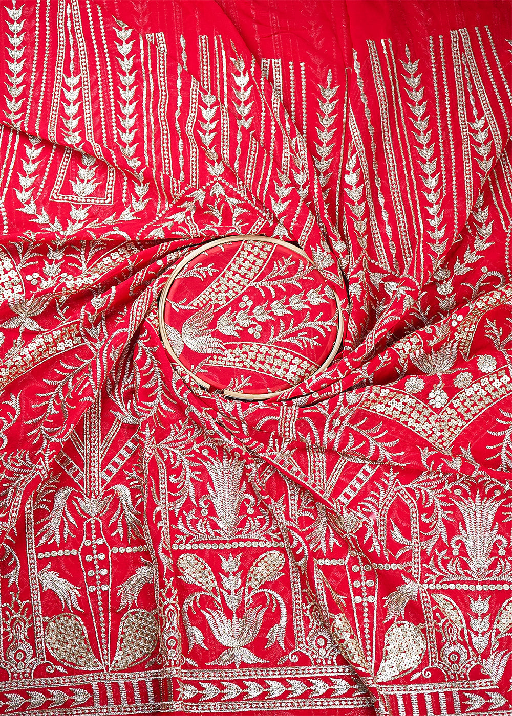 Red Georgette Fabric With All Over Zari And Sequins Work With One Side Border 19088