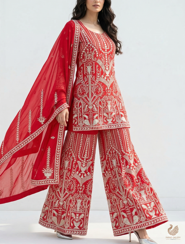 Kareena Kapoor Inspired Edition | Red Embroidered Georgette Unstitched Fabric 19088