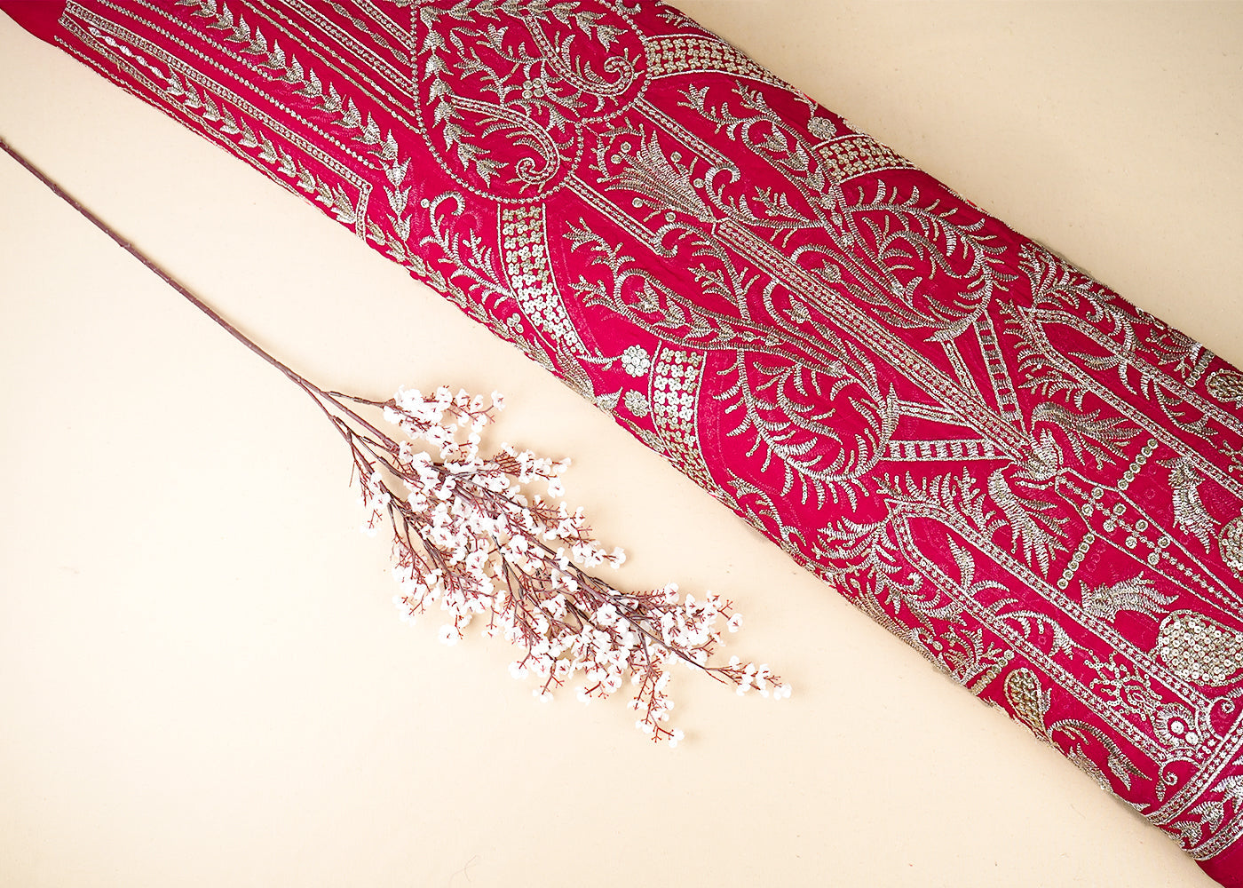Pink Georgette Fabric With All Over Zari And Sequins Work With One Side Border 19089