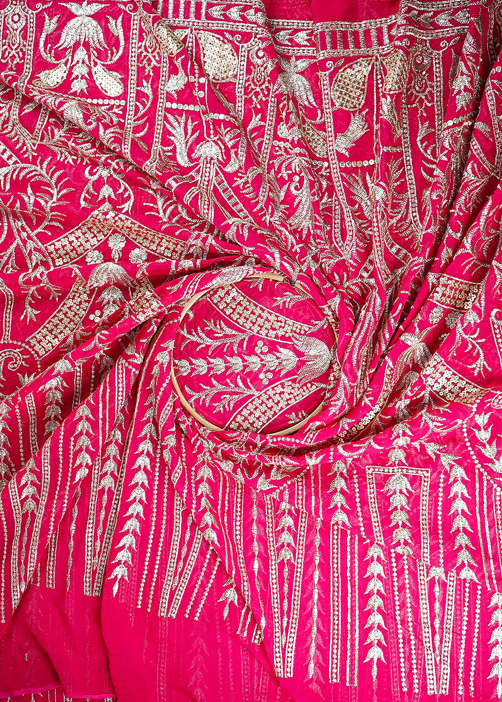 Pink Georgette Fabric With All Over Zari And Sequins Work With One Side Border 19089