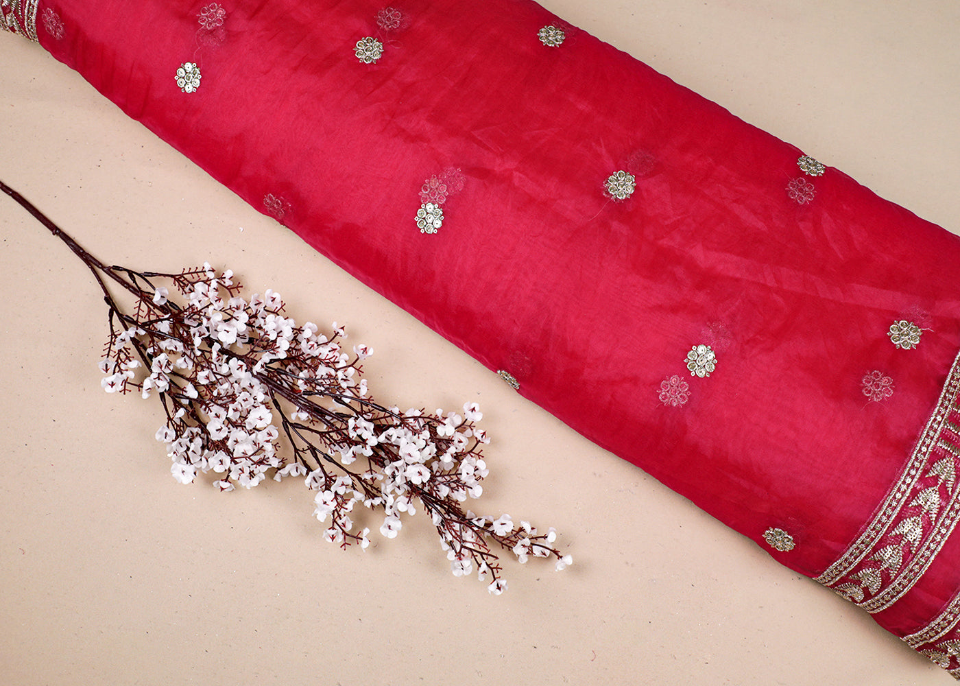 Pink Organza Fabric With All Over Zari And Sequins Work With Two Side Border 19090