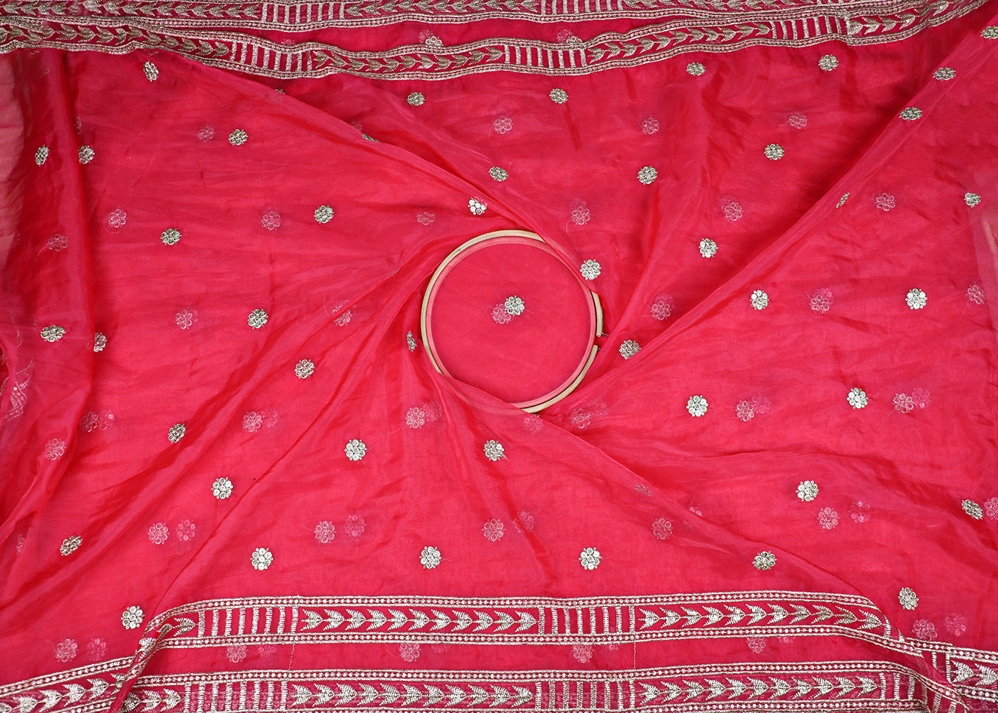Pink Organza Fabric With All Over Zari And Sequins Work With Two Side Border 19090