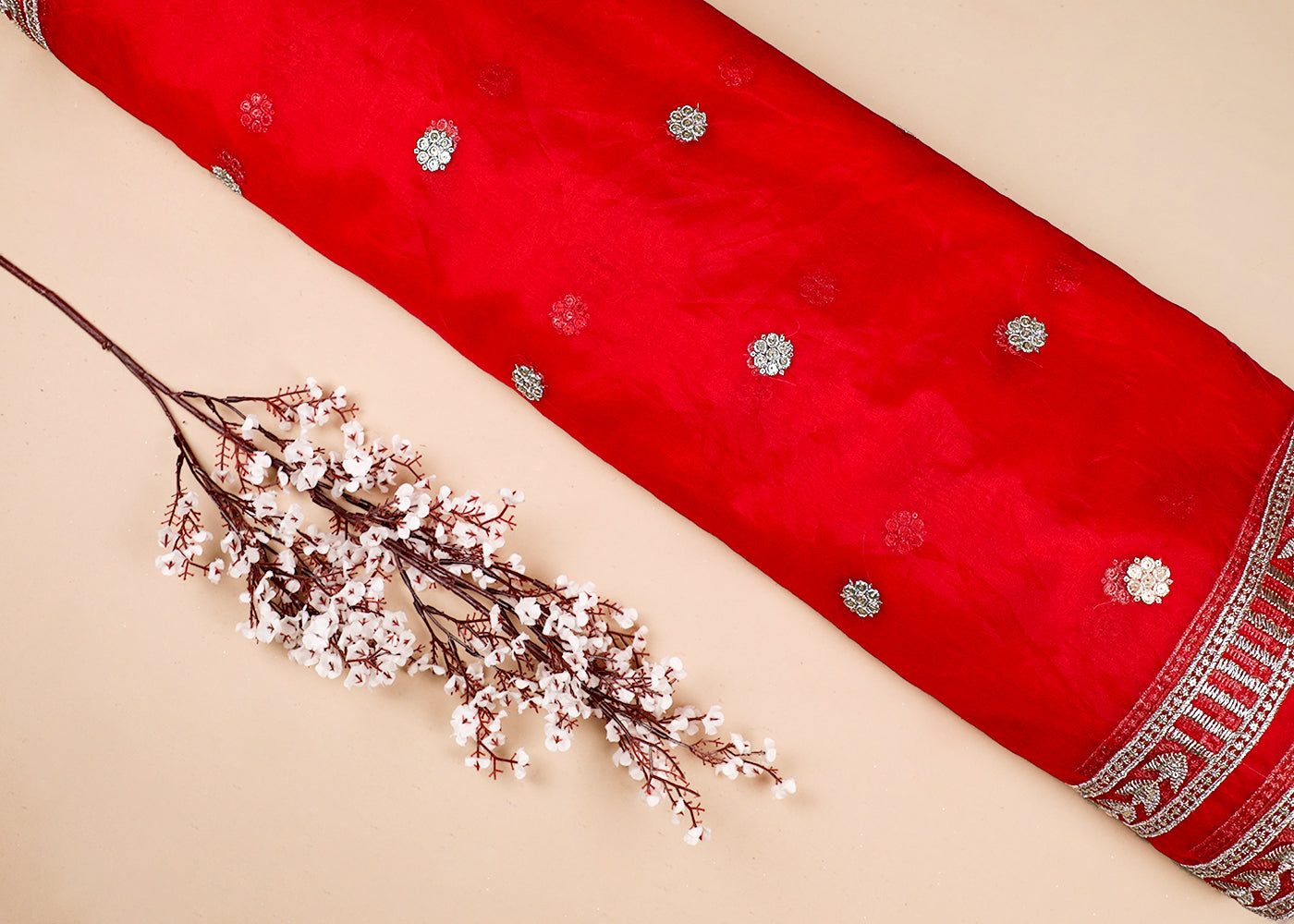 Red Organza Fabric With All Over Zari And Sequins Work With Two Side Border 19091