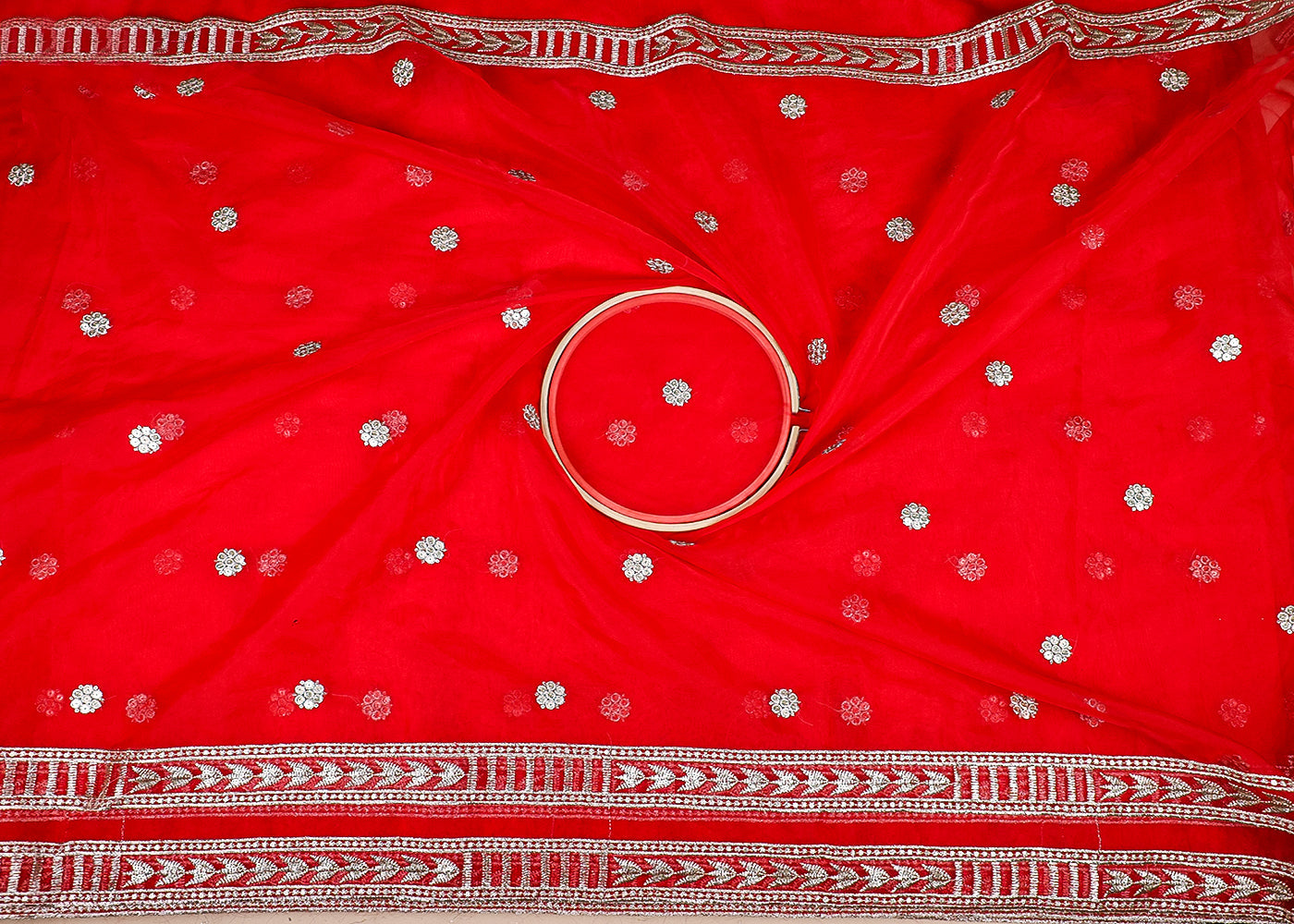 Red Organza Fabric With All Over Zari And Sequins Work With Two Side Border 19091