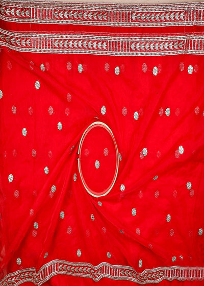 Red Organza Dupatta Fabric With All Over Zari And Sequins Work With Two Side Border 19091