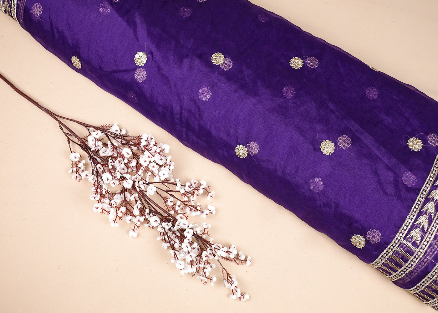Purple Organza Fabric With All Over Zari And Sequins Work With Two Side Border 19092