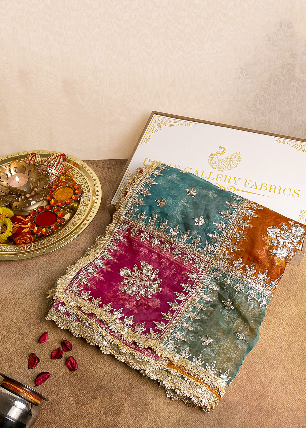 Multi Colour Organza Dupatta with Allover Zari and Gota Patti Work 19098