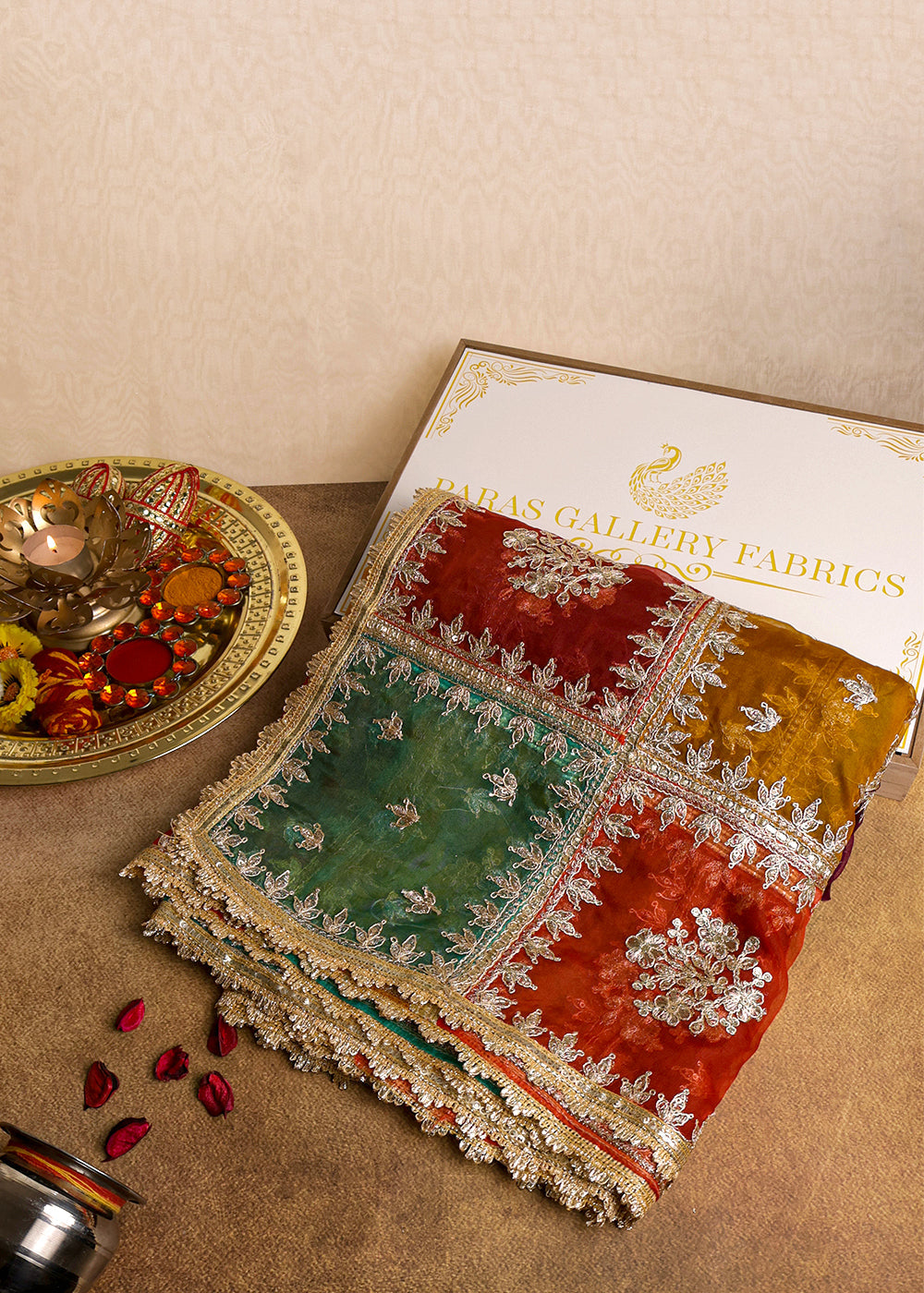 Multi Colour Organza Dupatta with Allover Zari and Gota Patti Work 19099