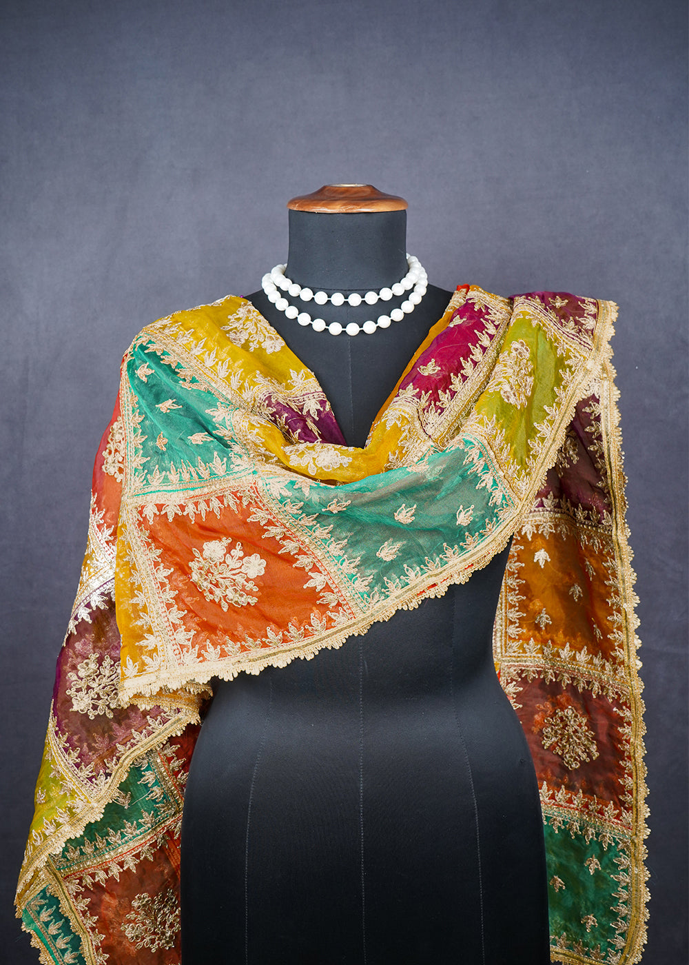 Multi Colour Organza Dupatta with Allover Zari and Gota Patti Work 19099