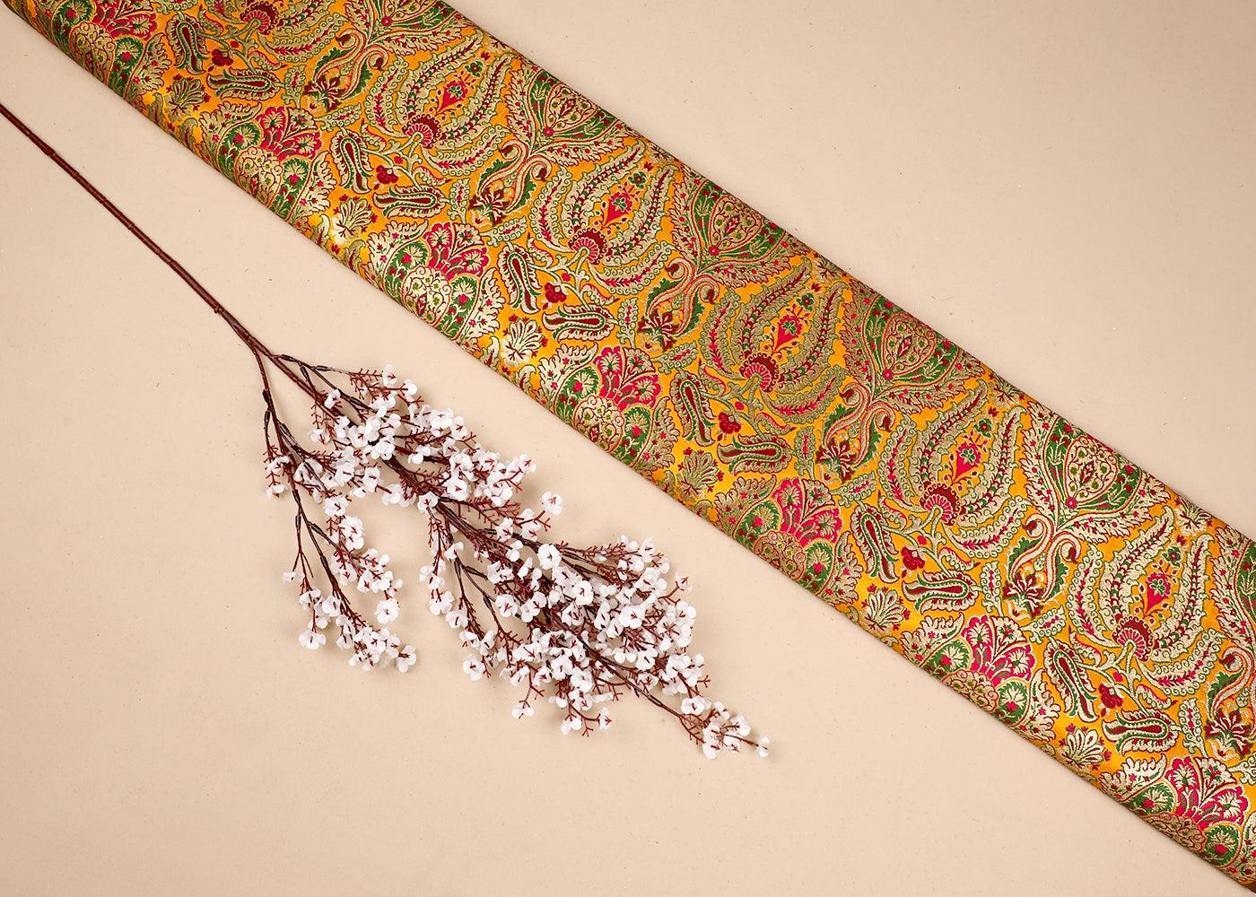 Yellow Banarasi Brocade Fabric With All Over Thread And Zari Handloom 19102