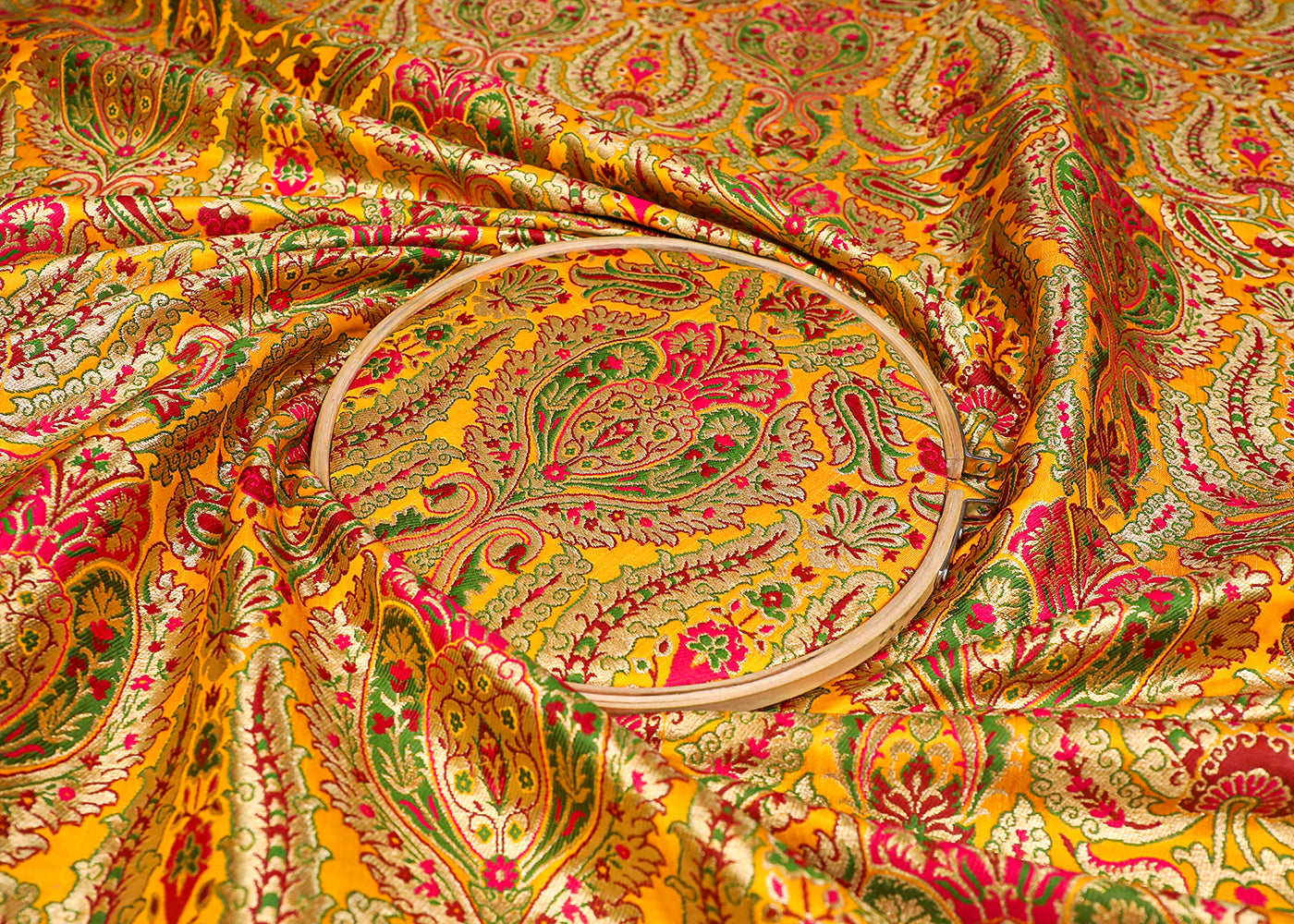 Yellow Banarasi Brocade Fabric With All Over Thread And Zari Handloom 19102