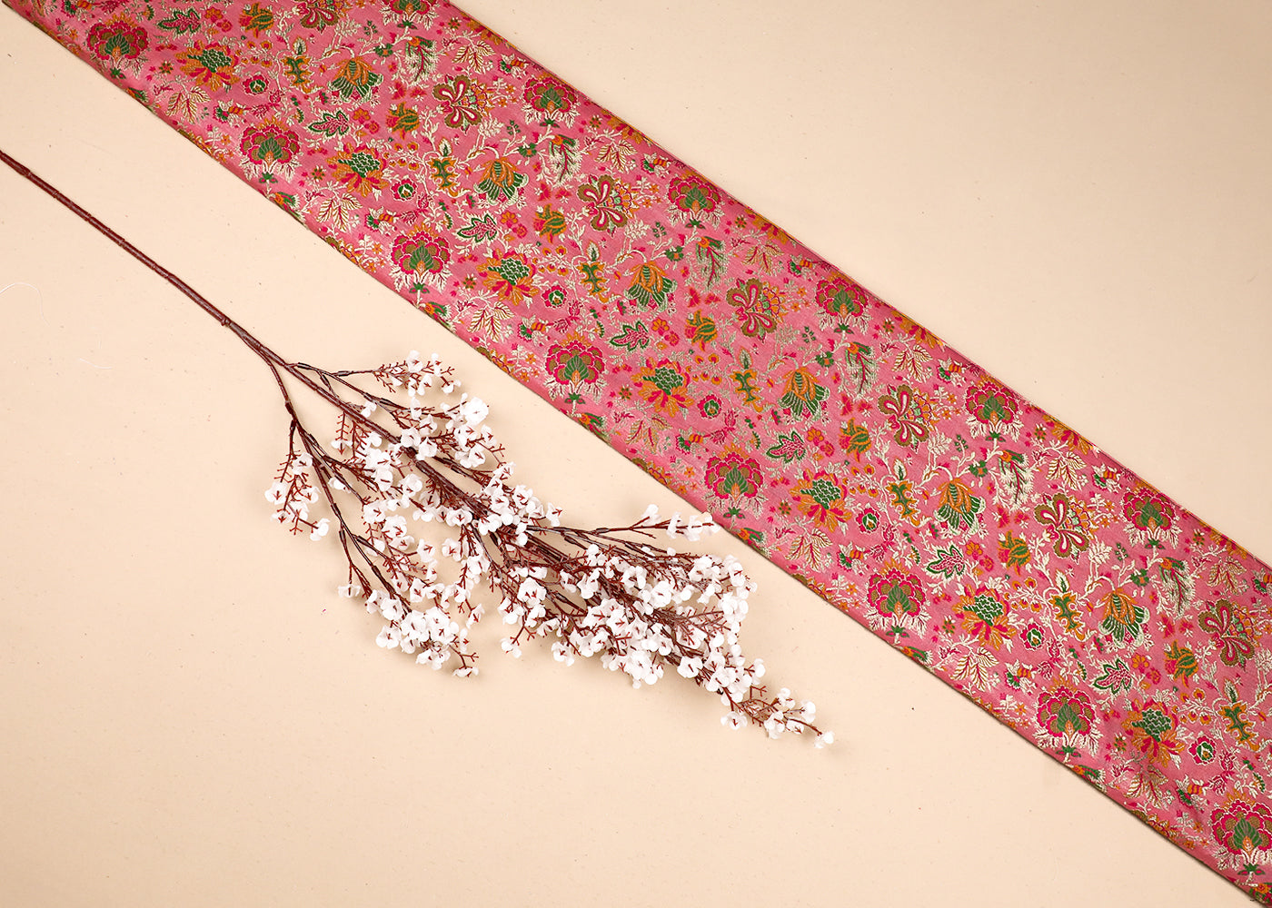 Blush Pink Banarasi Brocade Fabric With All Over Thread And Zari Handloom 19103