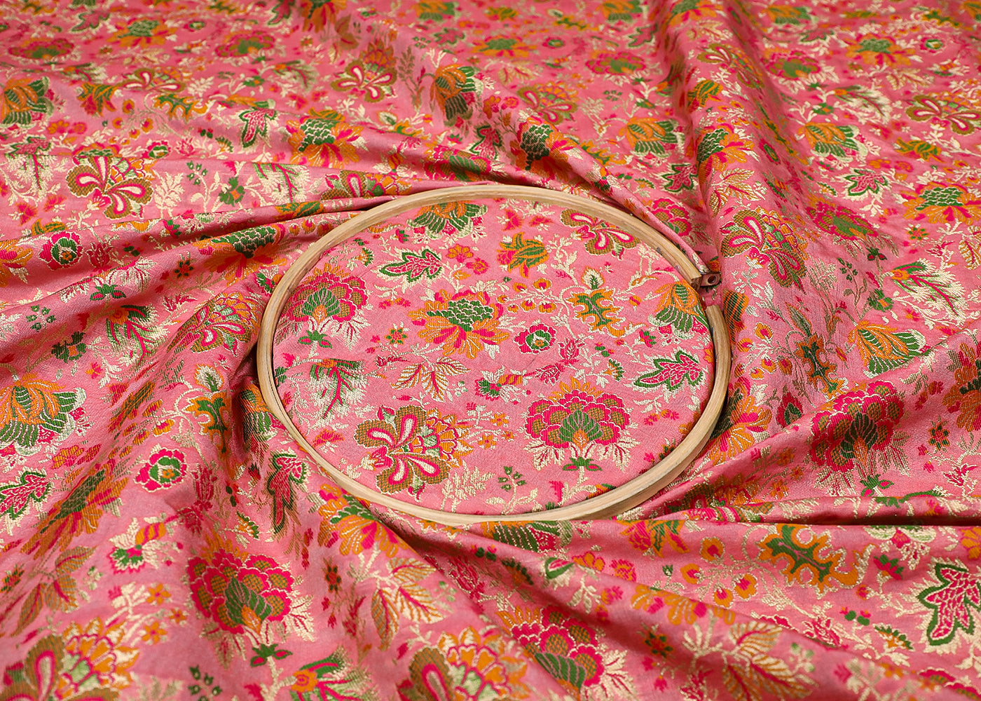 Blush Pink Banarasi Brocade Fabric With All Over Thread And Zari Handloom 19103