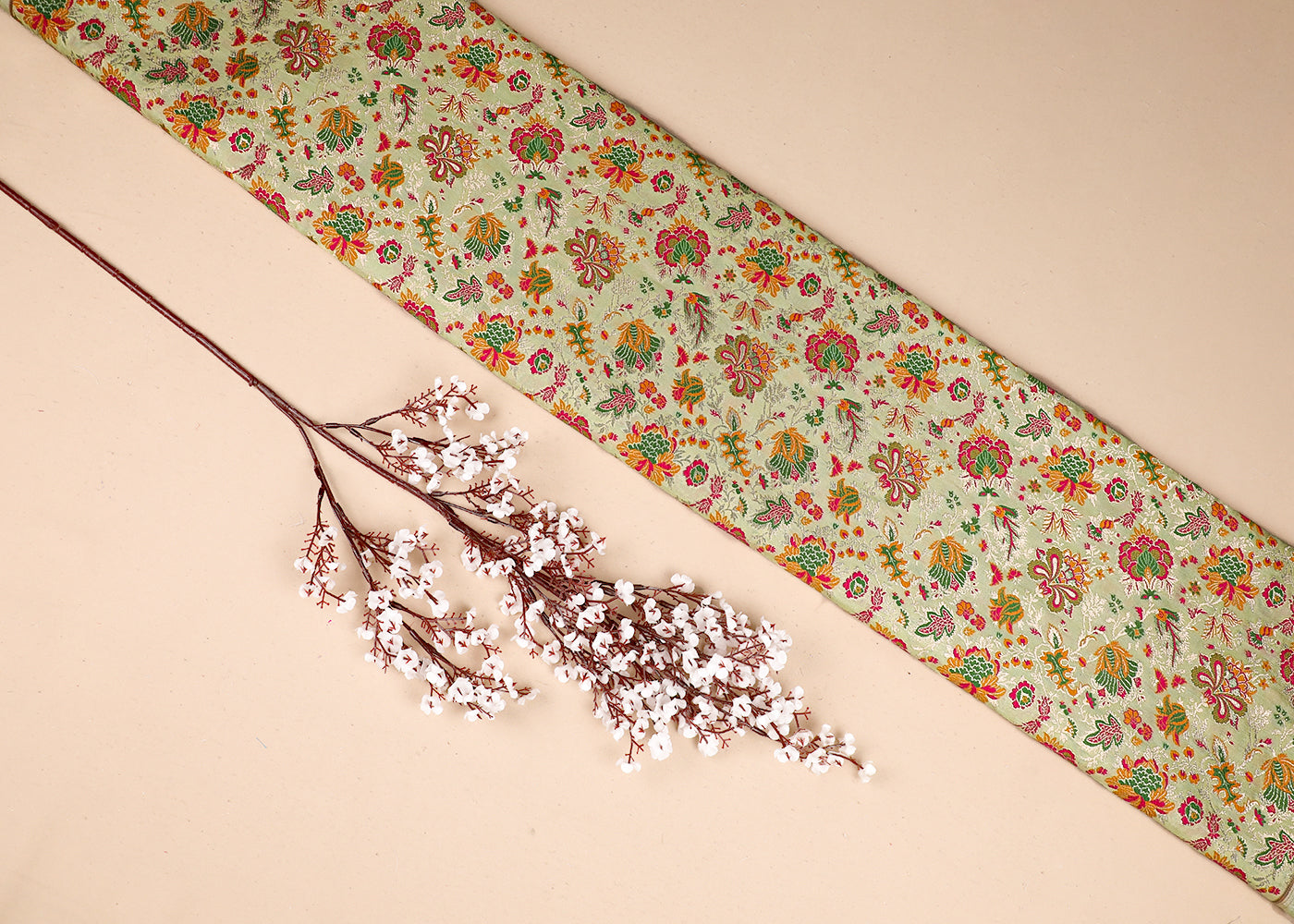 Pista Green Banarasi Brocade Fabric With All Over Thread And Zari Handloom 19104