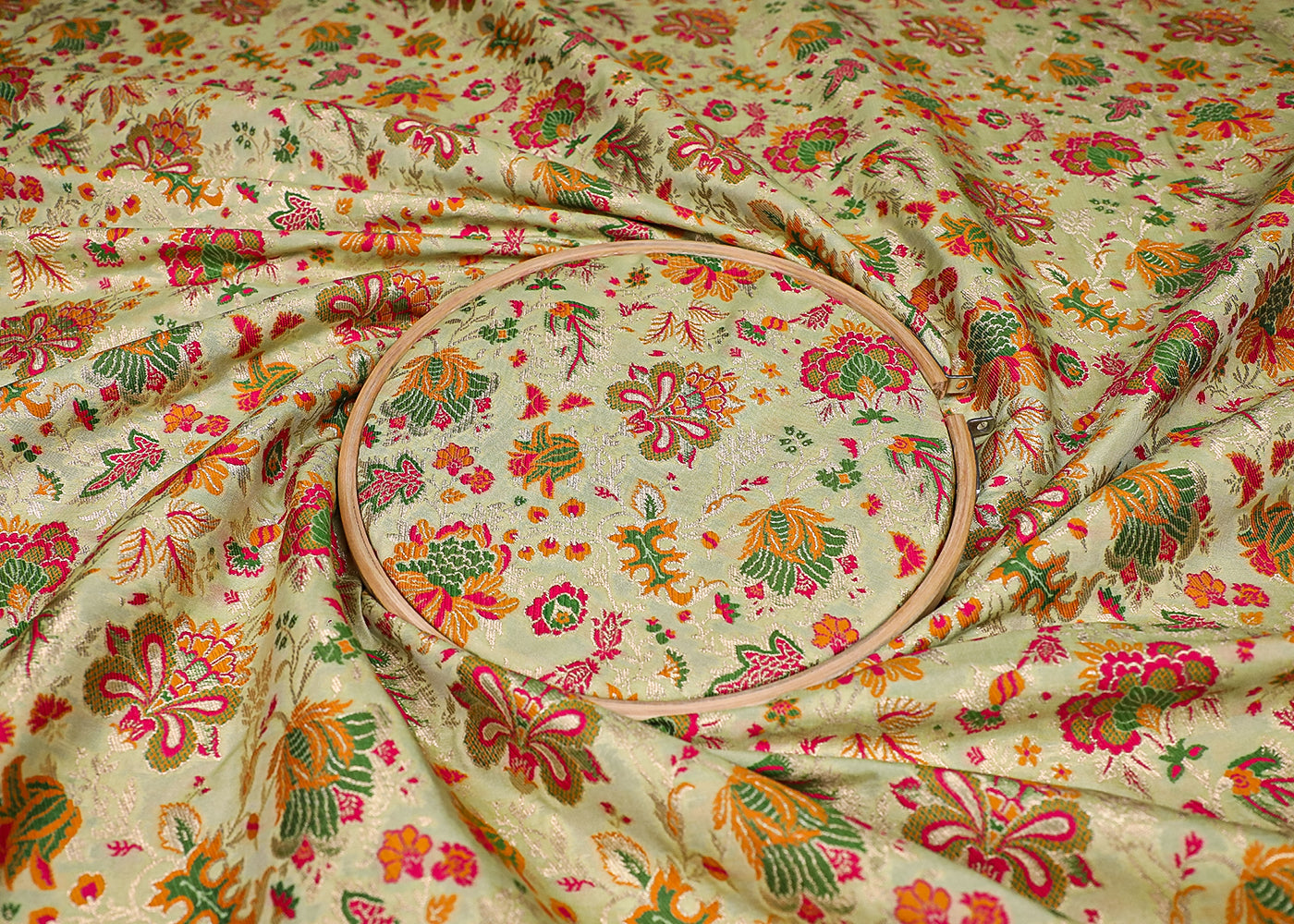 Pista Green Banarasi Brocade Fabric With All Over Thread And Zari Handloom 19104