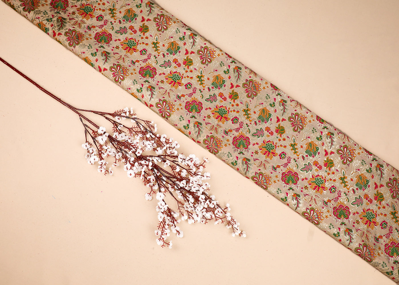 Golden Banarasi Brocade Fabric With All Over Thread And Zari Handloom 19105