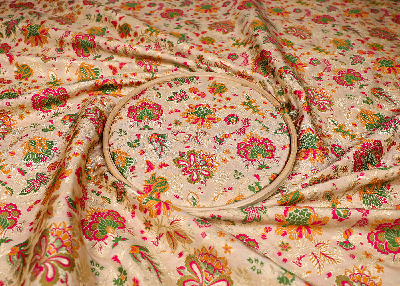 Golden Banarasi Brocade Fabric With All Over Thread And Zari Handloom 19105