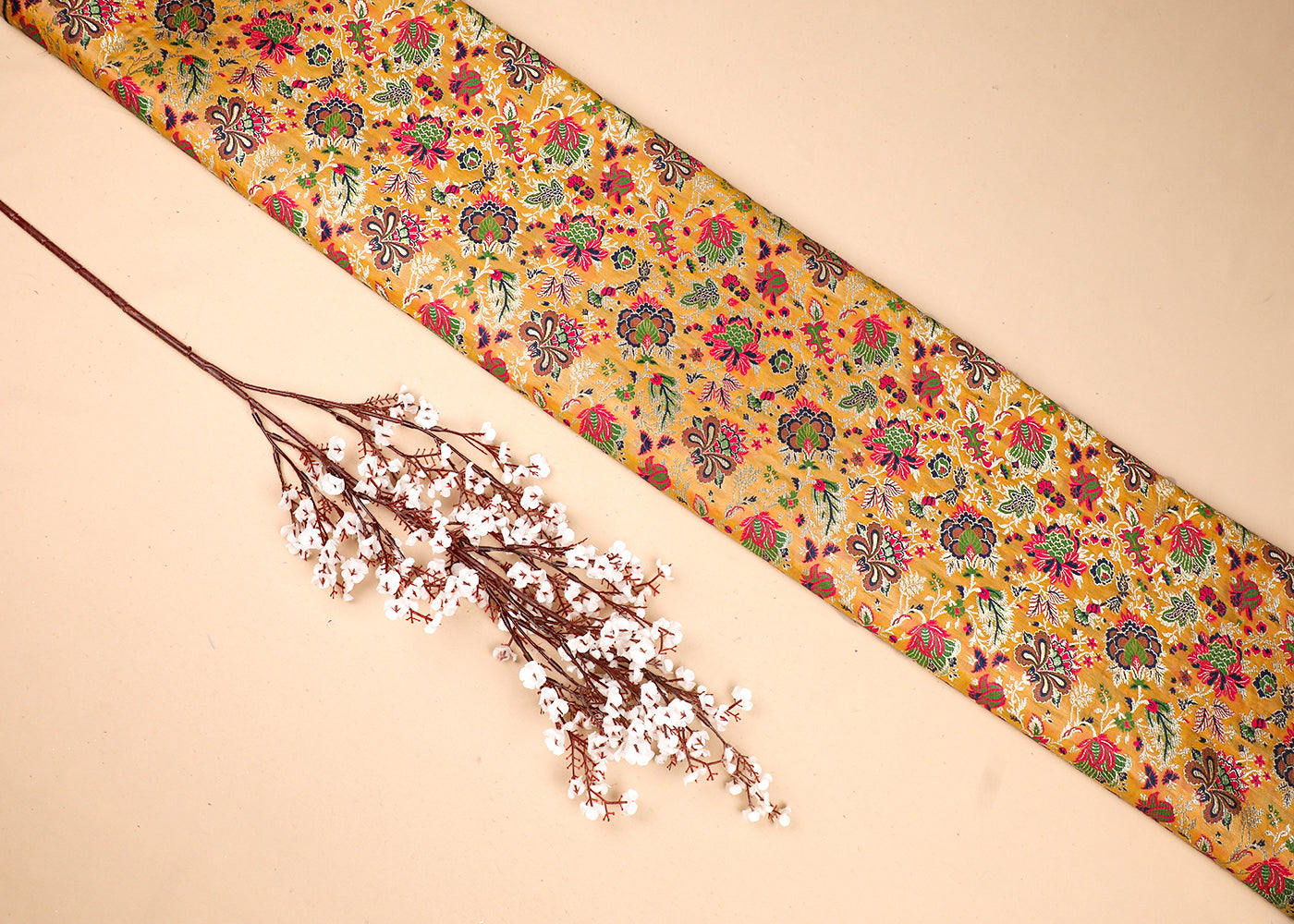 Beige Banarasi Brocade Fabric With All Over Thread And Zari Handloom 19106