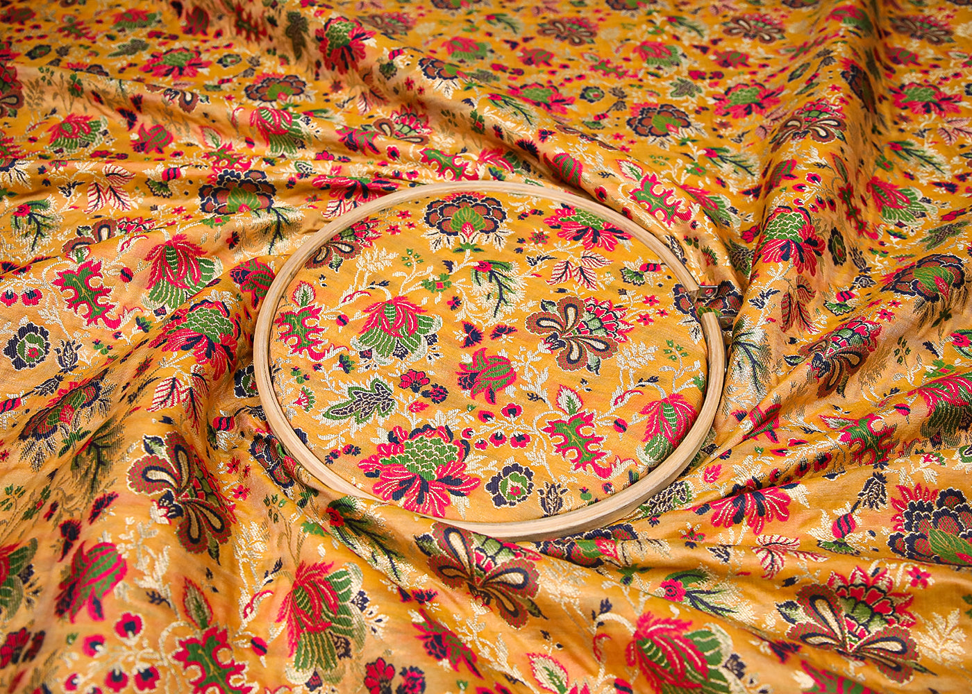 Beige Banarasi Brocade Fabric With All Over Thread And Zari Handloom 19106