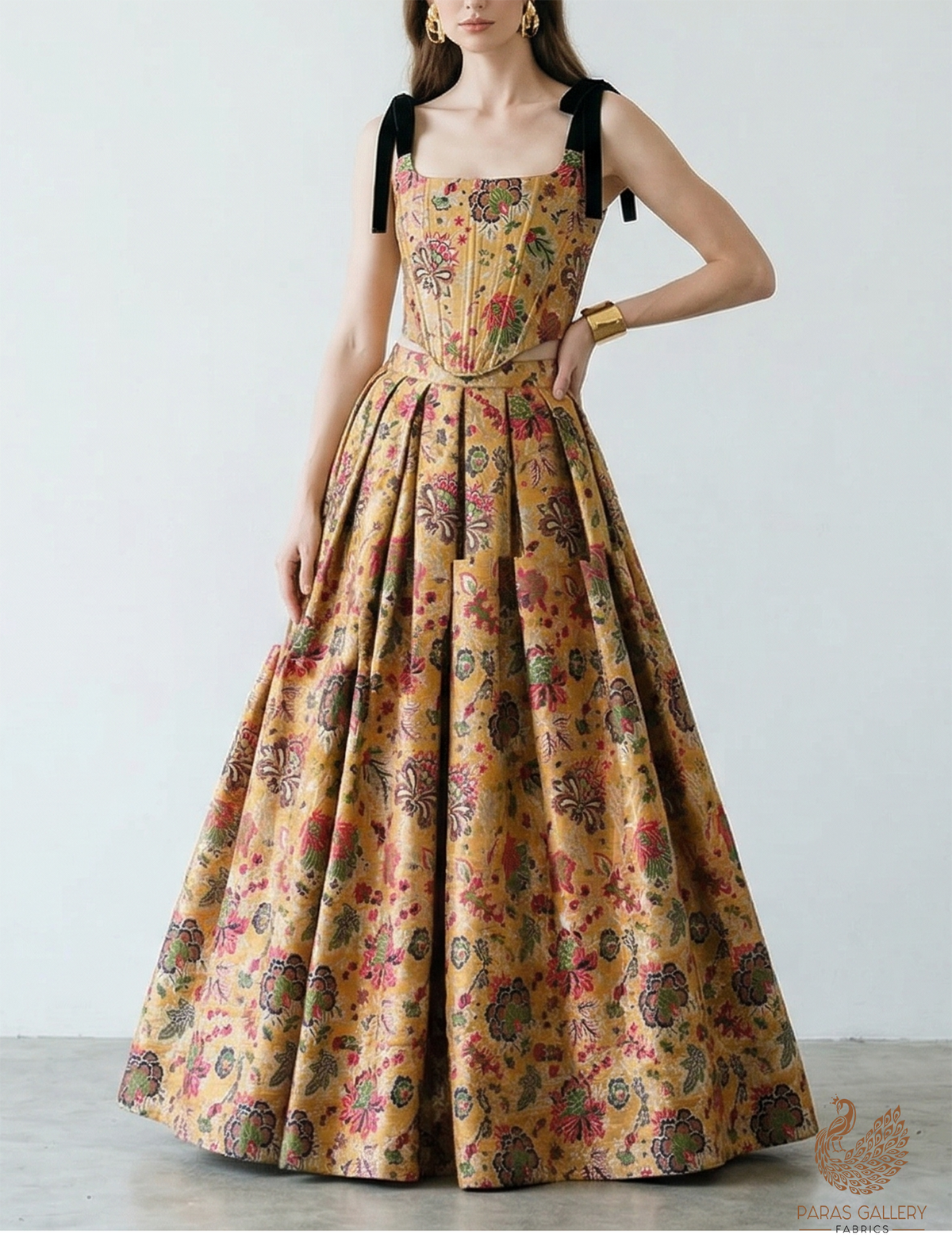 Golden Pure Banarasi Brocade Fabric With All Over Thread And Zari Handloom 19106