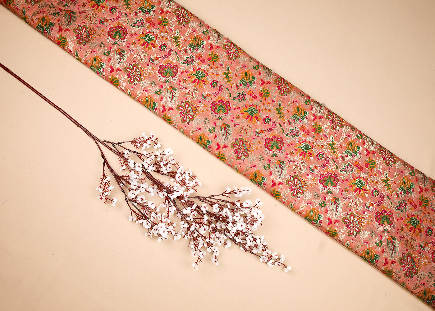 Peach Banarasi Brocade Fabric With All Over Thread And Zari Handloom 19107