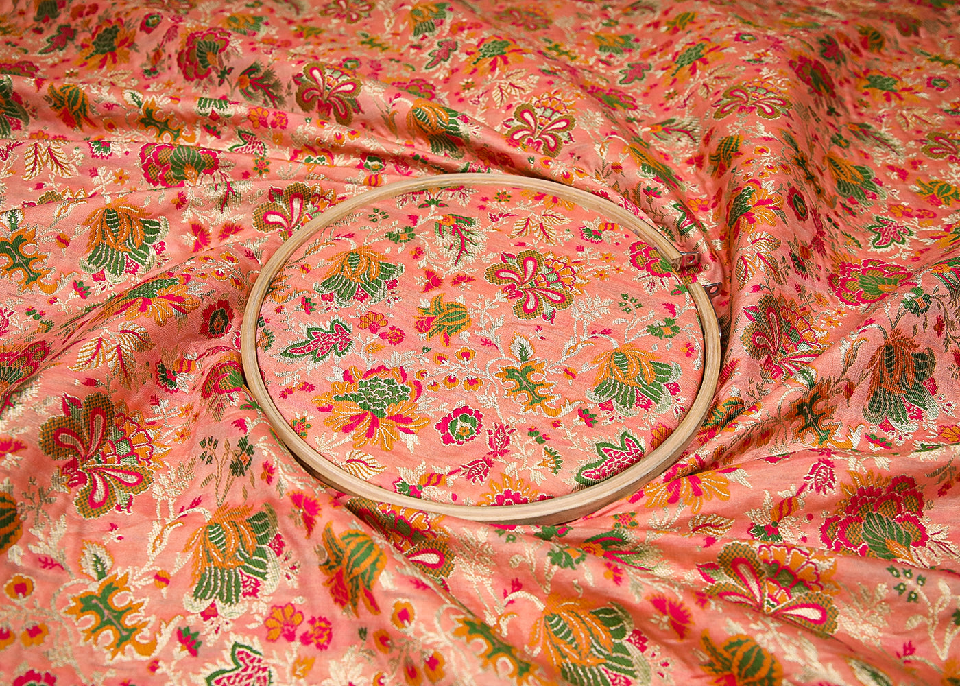 Peach Banarasi Brocade Fabric With All Over Thread And Zari Handloom 19107