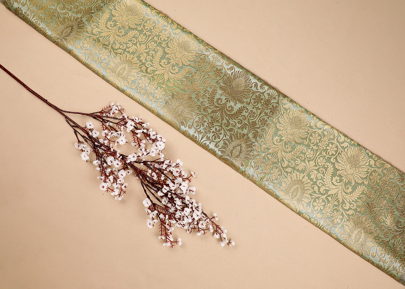 Light Green Banarasi Brocade Fabric With All Over Golden Zari Handloom 19108