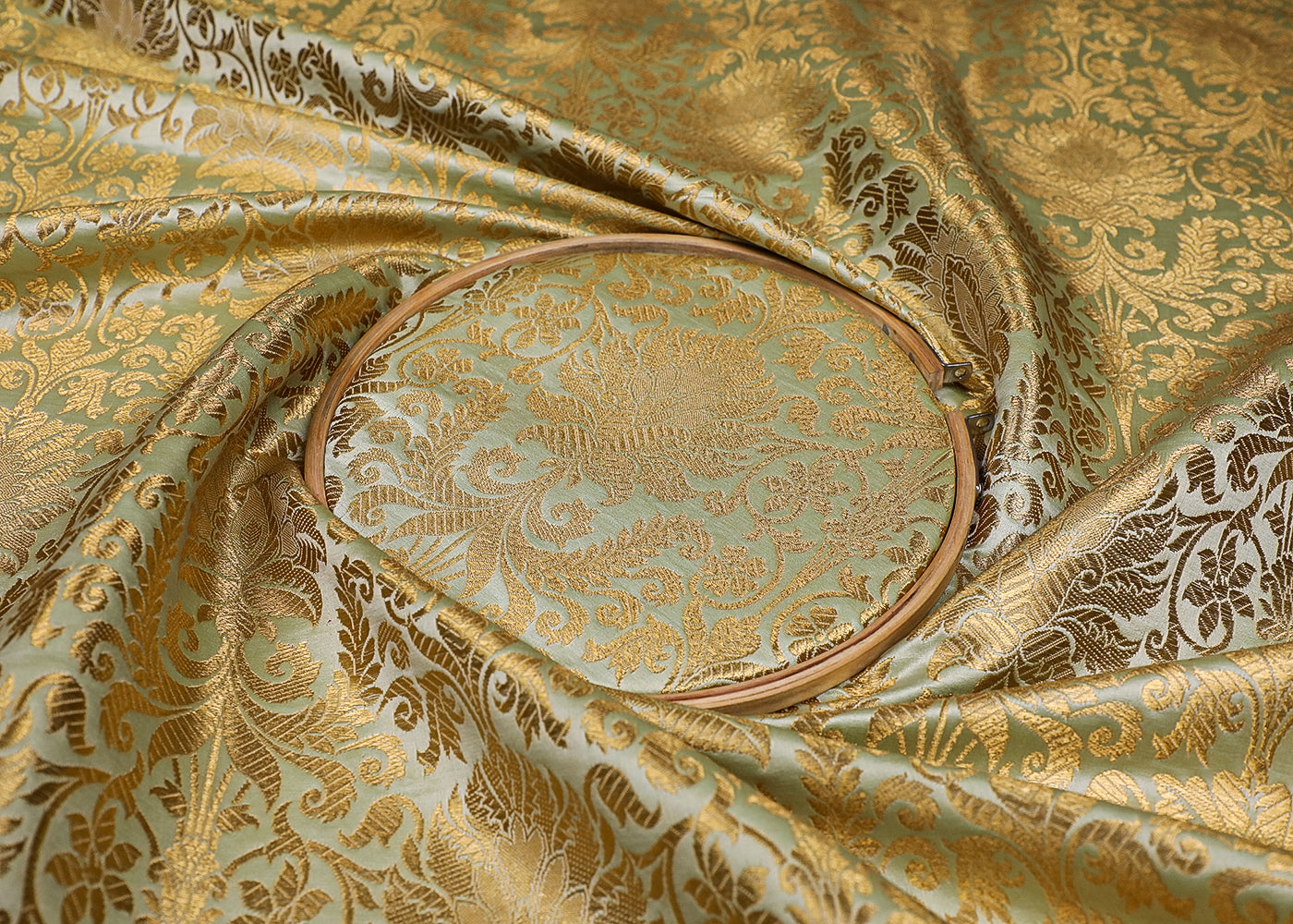 Light Green Banarasi Brocade Fabric With All Over Golden Zari Handloom 19108