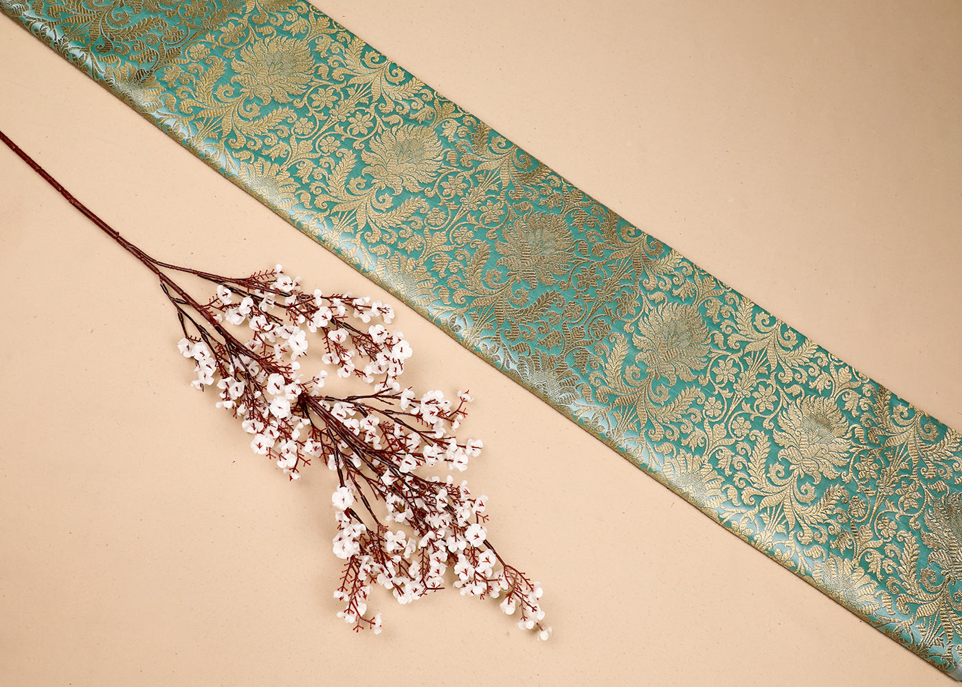 Sea Green Banarasi Brocade Fabric With All Over Golden Zari Handloom 19109