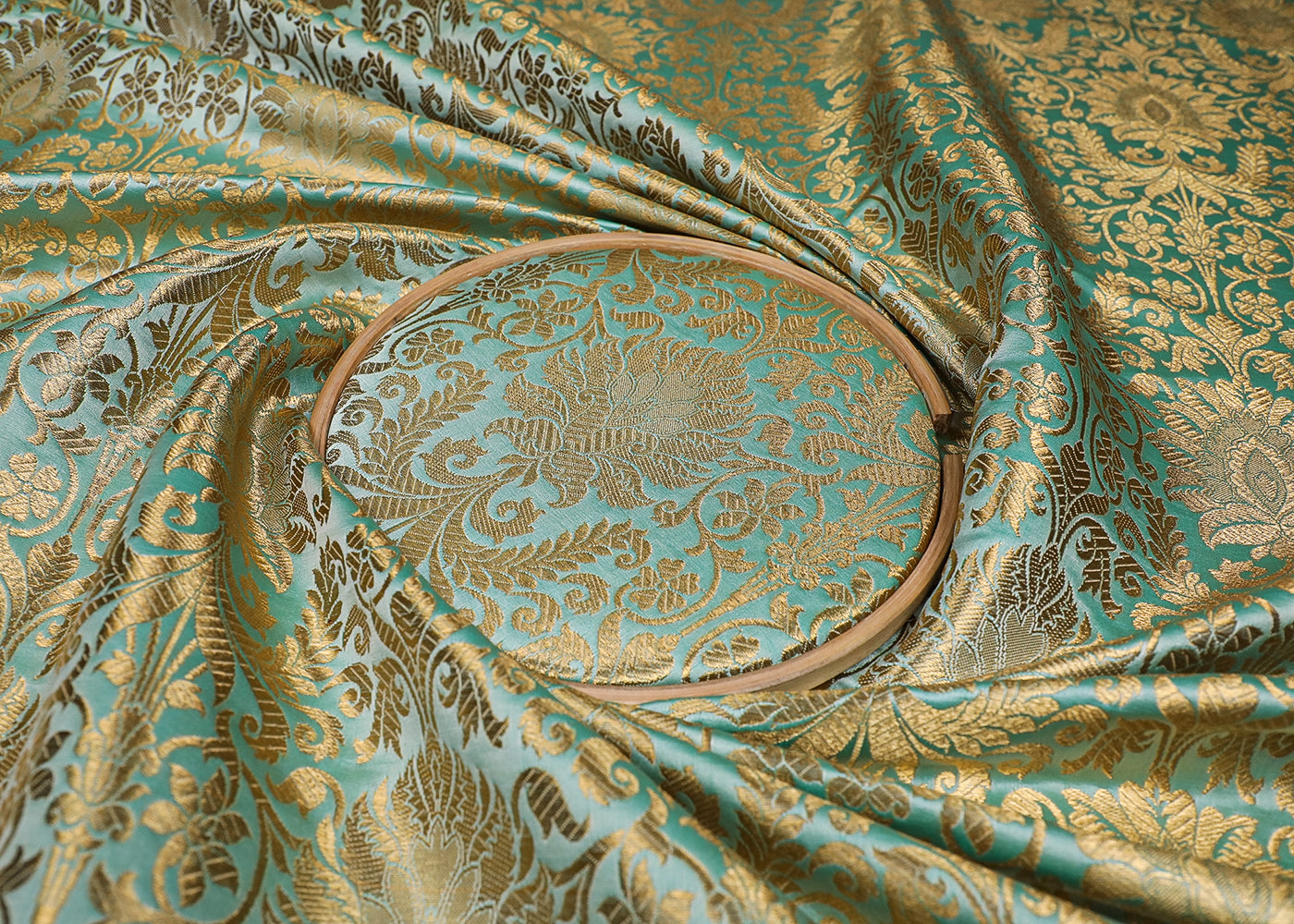 Sea Green Banarasi Brocade Fabric With All Over Golden Zari Handloom 19109