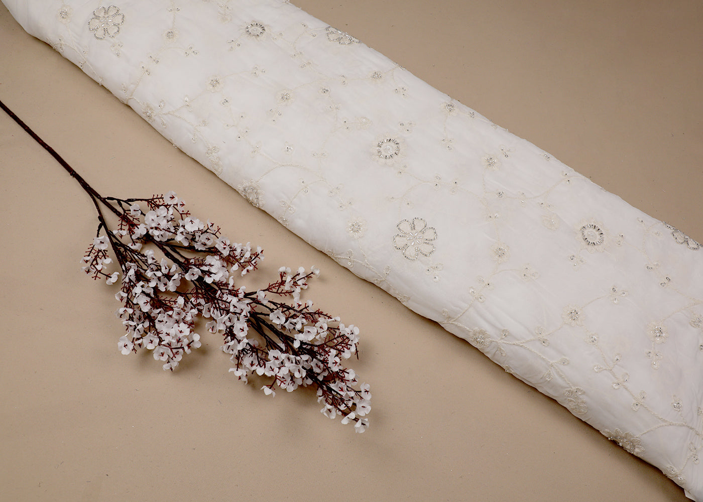 White Georgette Fabric With All Over Sequins, Thread And Bead Work 19117