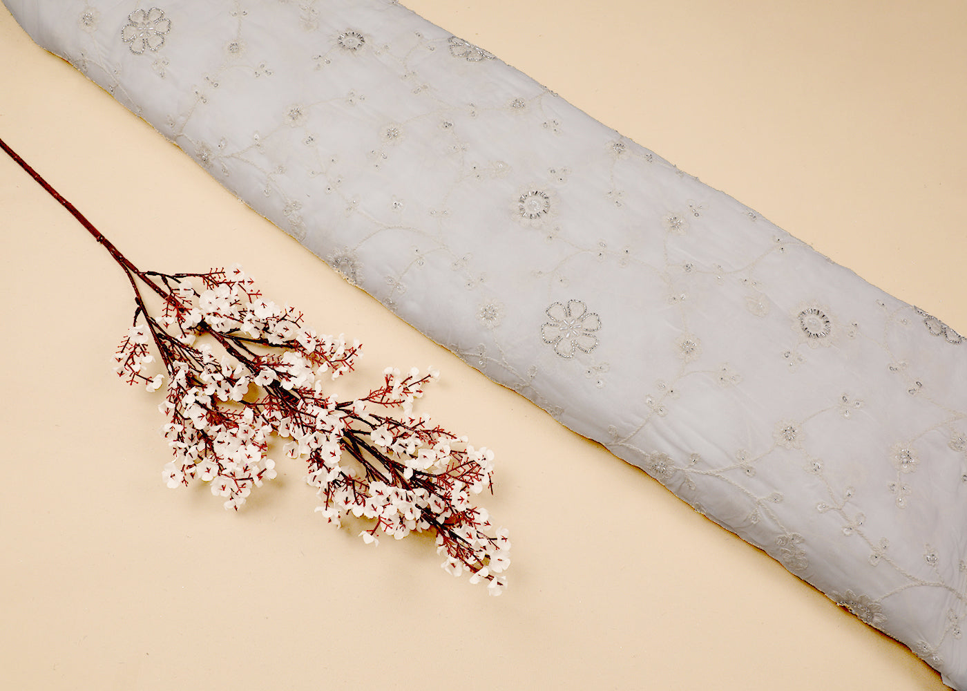 White Georgette Fabric With All Over Sequins, Thread And Bead Work 19117